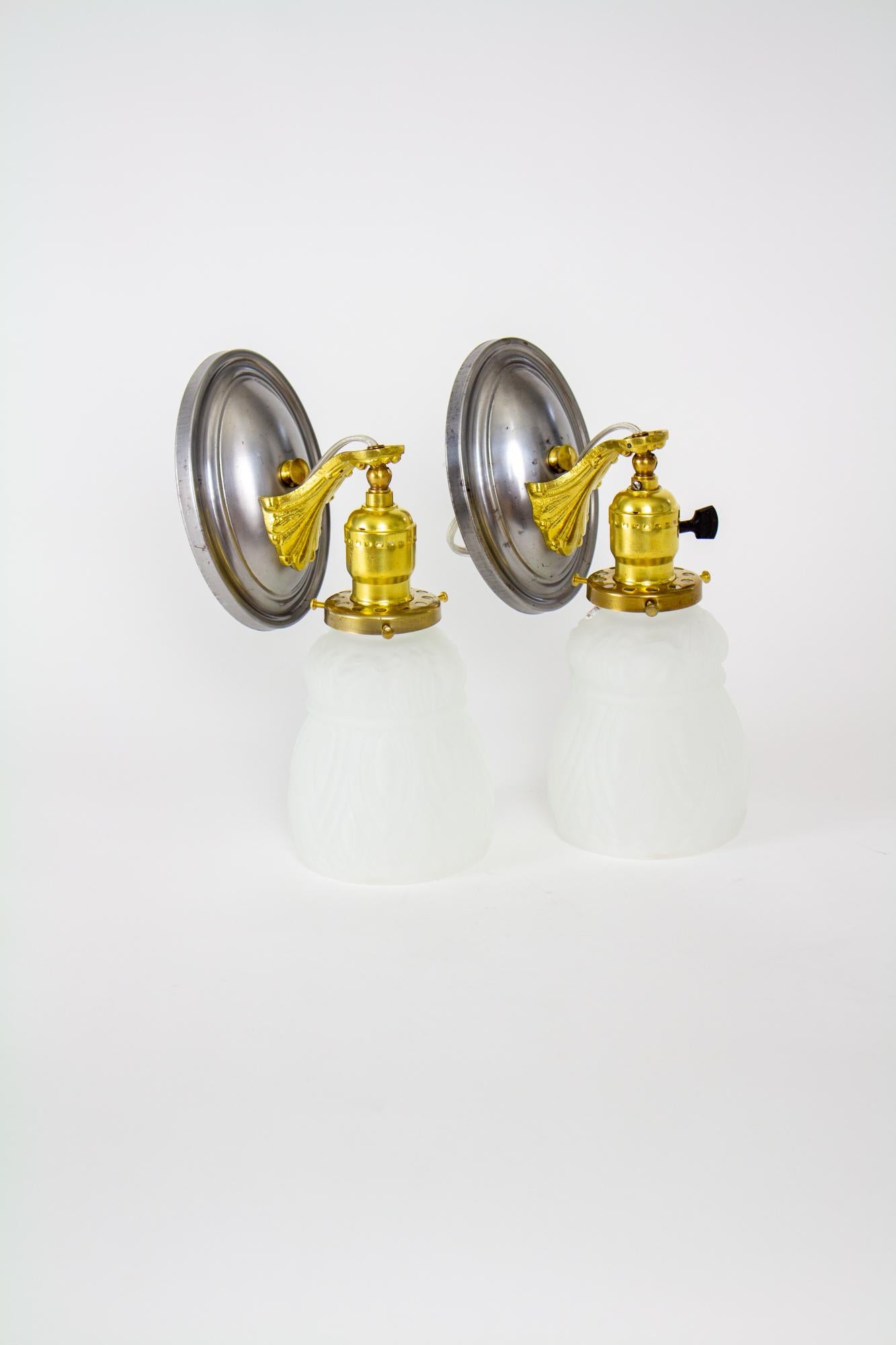 American Classical Early 20th Century Mixed Metal Revival Sconces with Frosted Glass - a Pair For Sale