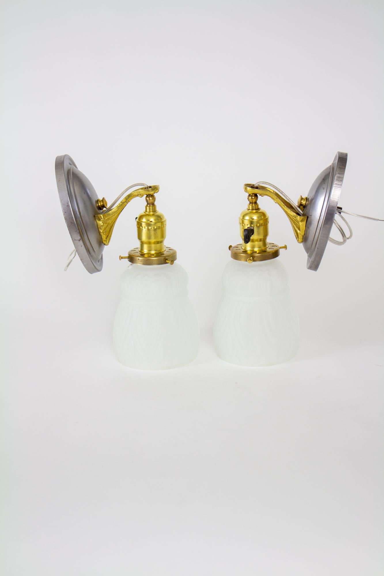 American Early 20th Century Mixed Metal Revival Sconces with Frosted Glass - a Pair For Sale