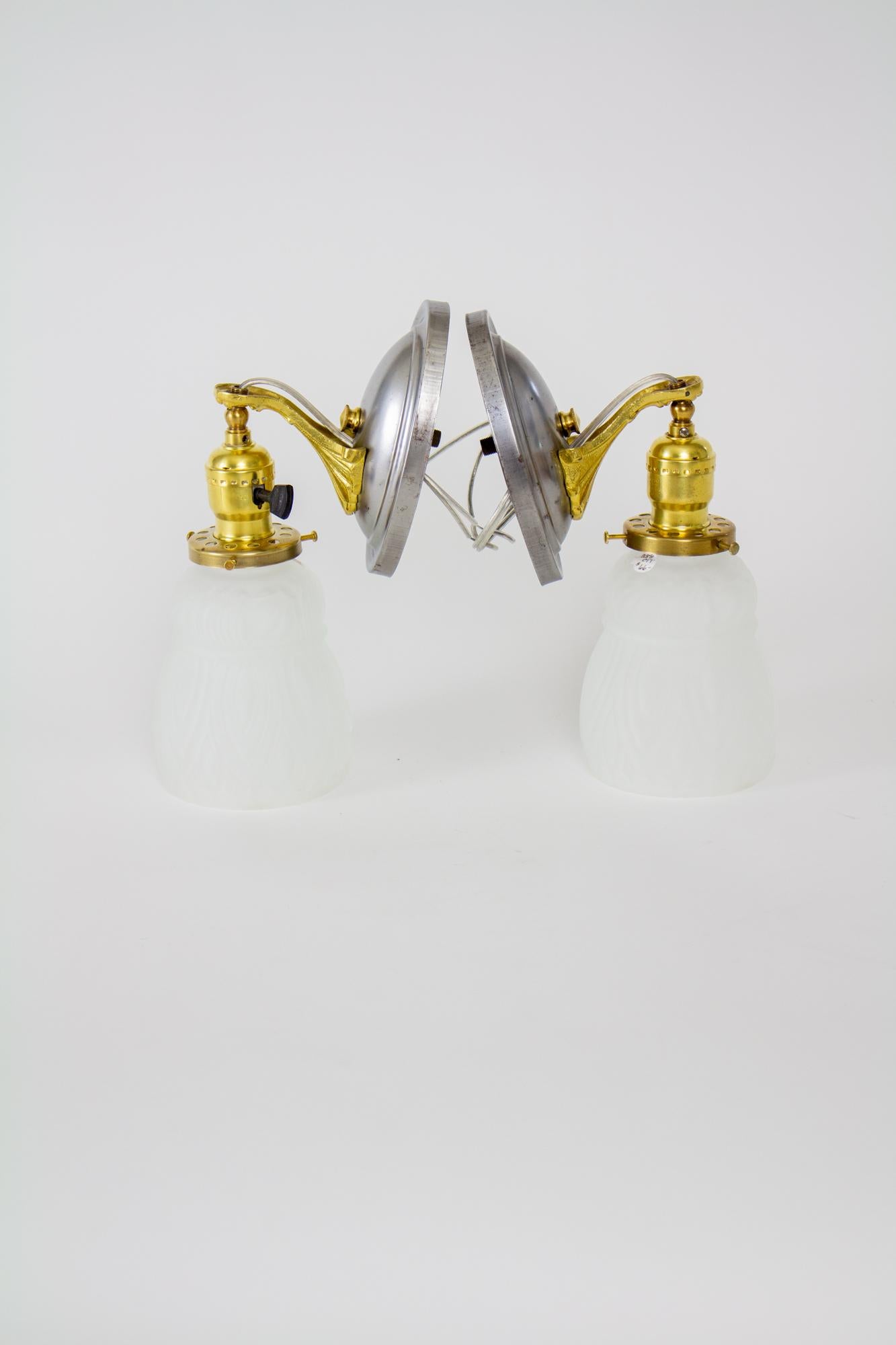 Early 20th Century Mixed Metal Revival Sconces with Frosted Glass - a Pair In Good Condition For Sale In Canton, MA