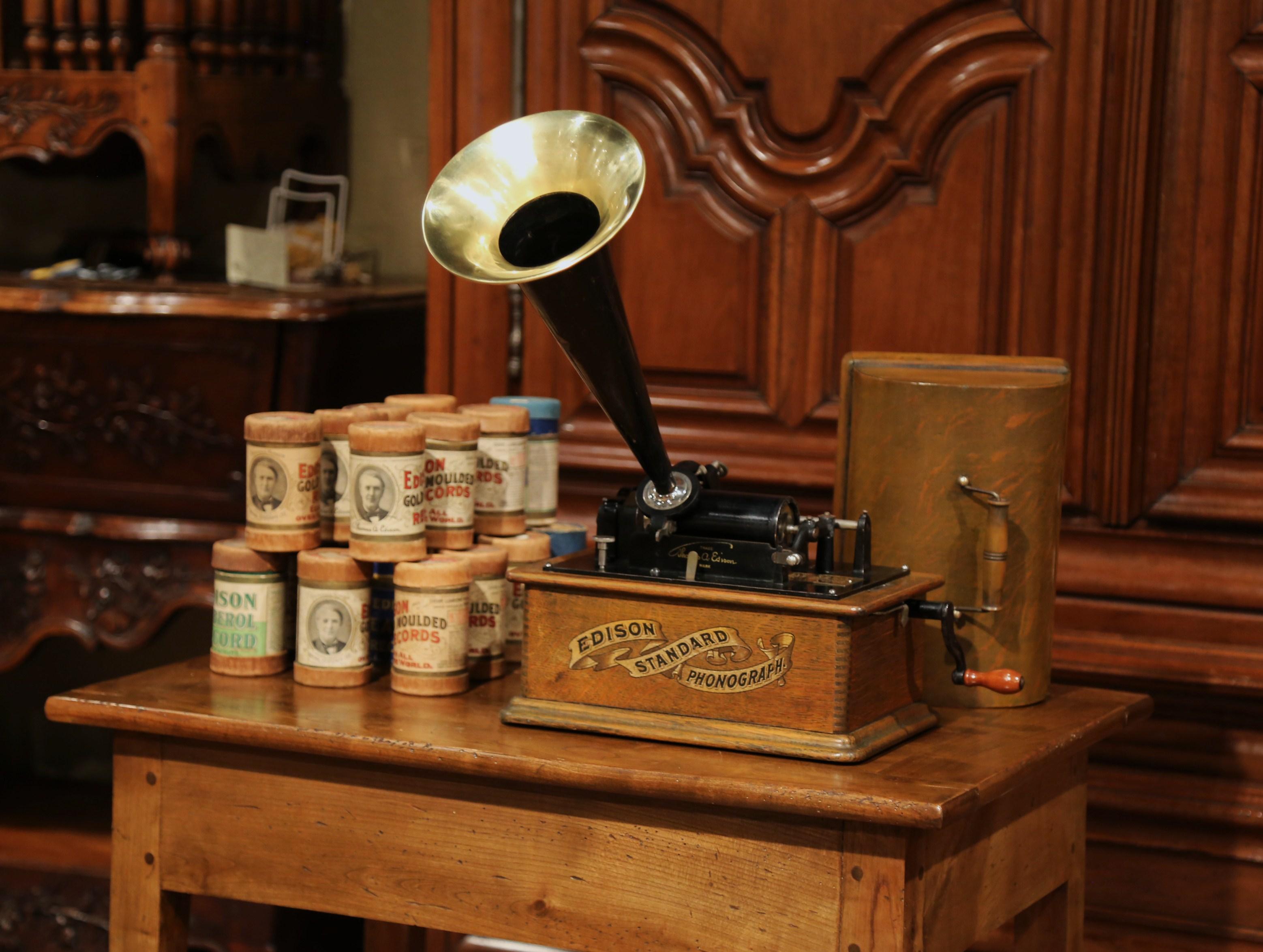 American Early 20th Century Model A. Edison Cylinder Phonograph circa 1901 and 22 Records