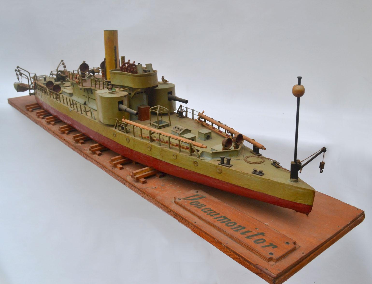 A fine shipyard model of an early Torpedo ship. This model of a Torpedo war boat monitored the Donau river around the late 19th century to the early 20th century. It was handcrafted early to mid-20th century from East Germany or Russia. This