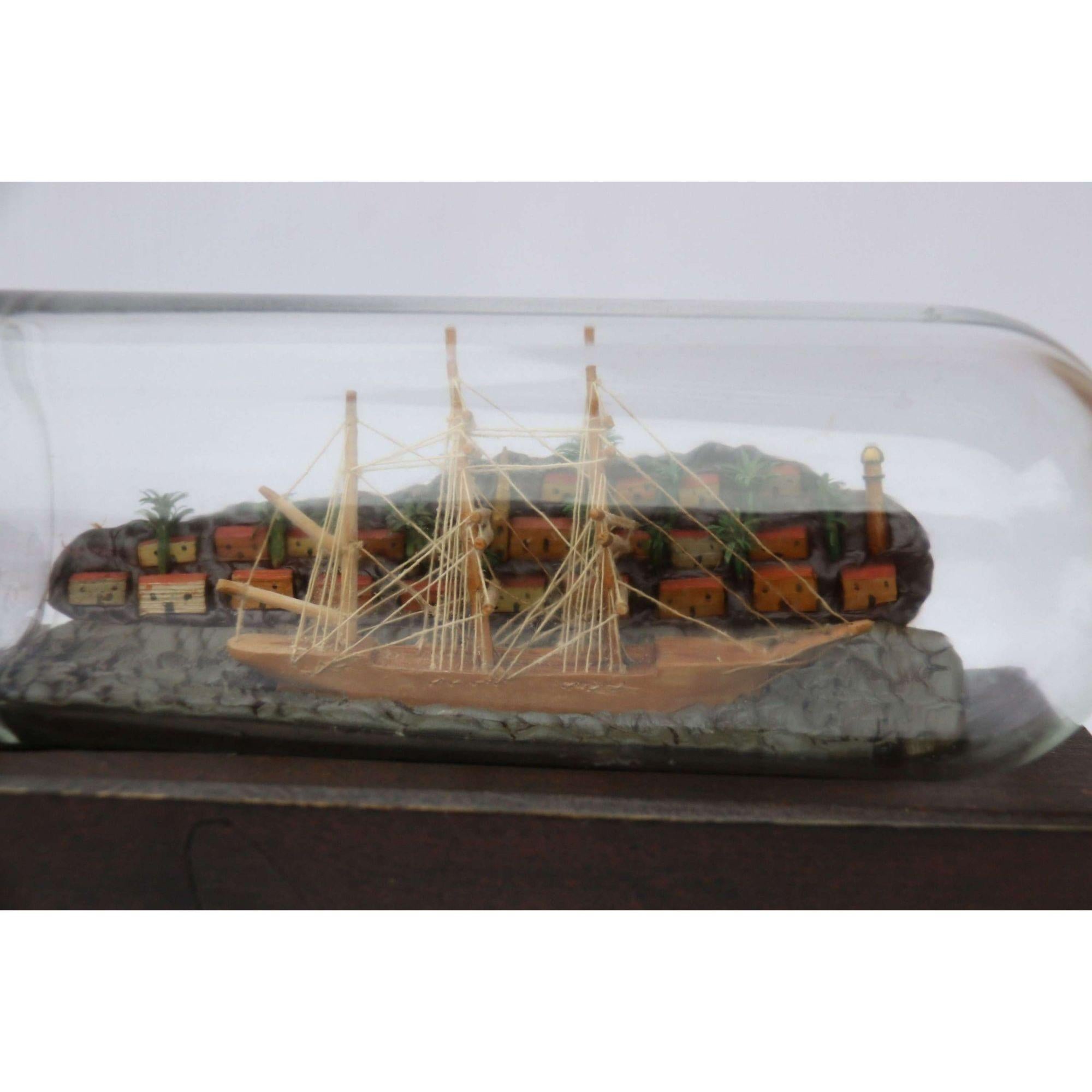 Wood Early 20th Century Model Ship Diorama Within a Bottle, circa 1920 For Sale