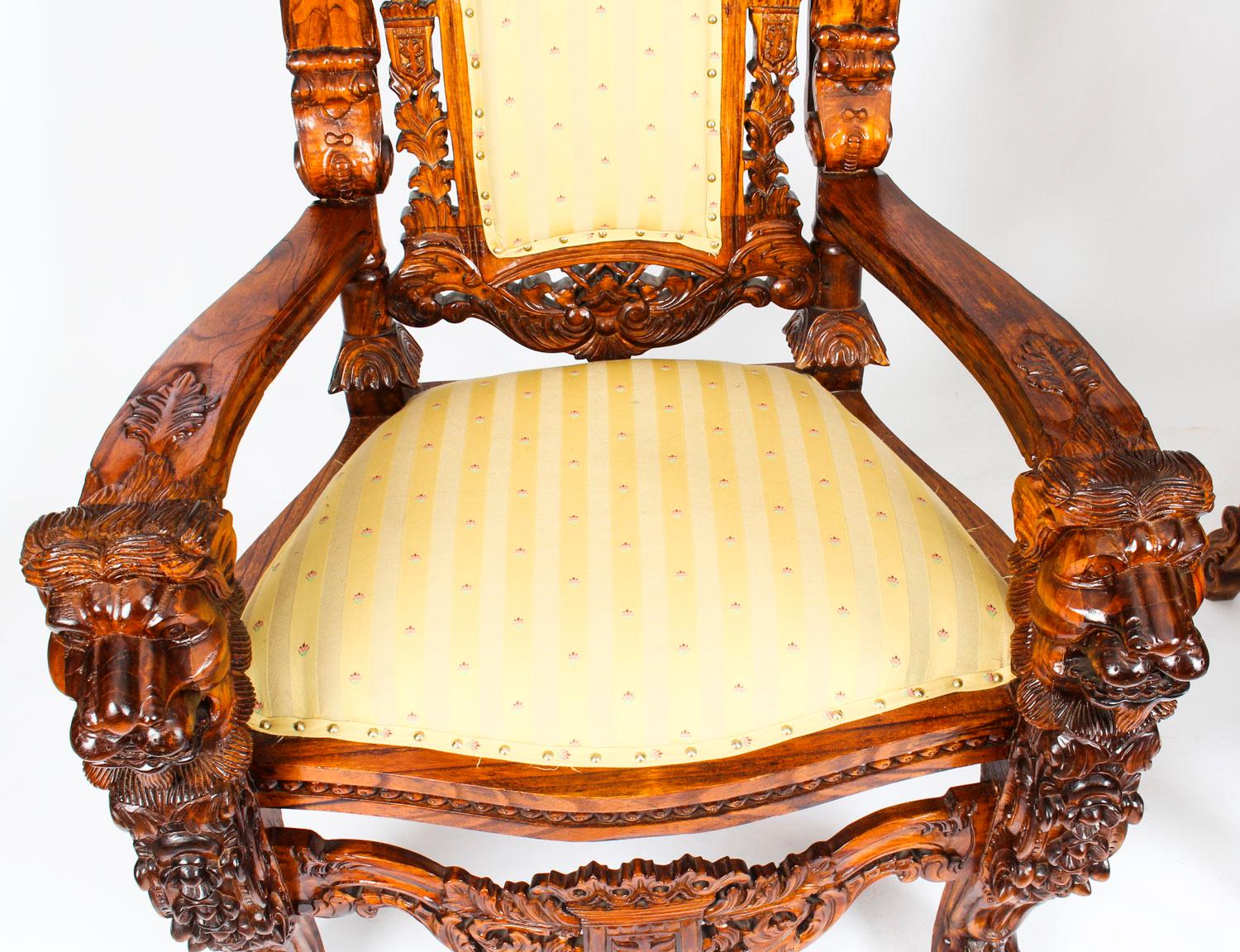Early 20th Century Pair of Carved Lions Heads Heraldry Throne Chairs 9