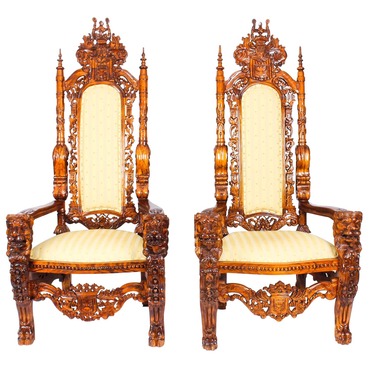 Late 19th Century European Throne King and Queen Chairs- Set of 2