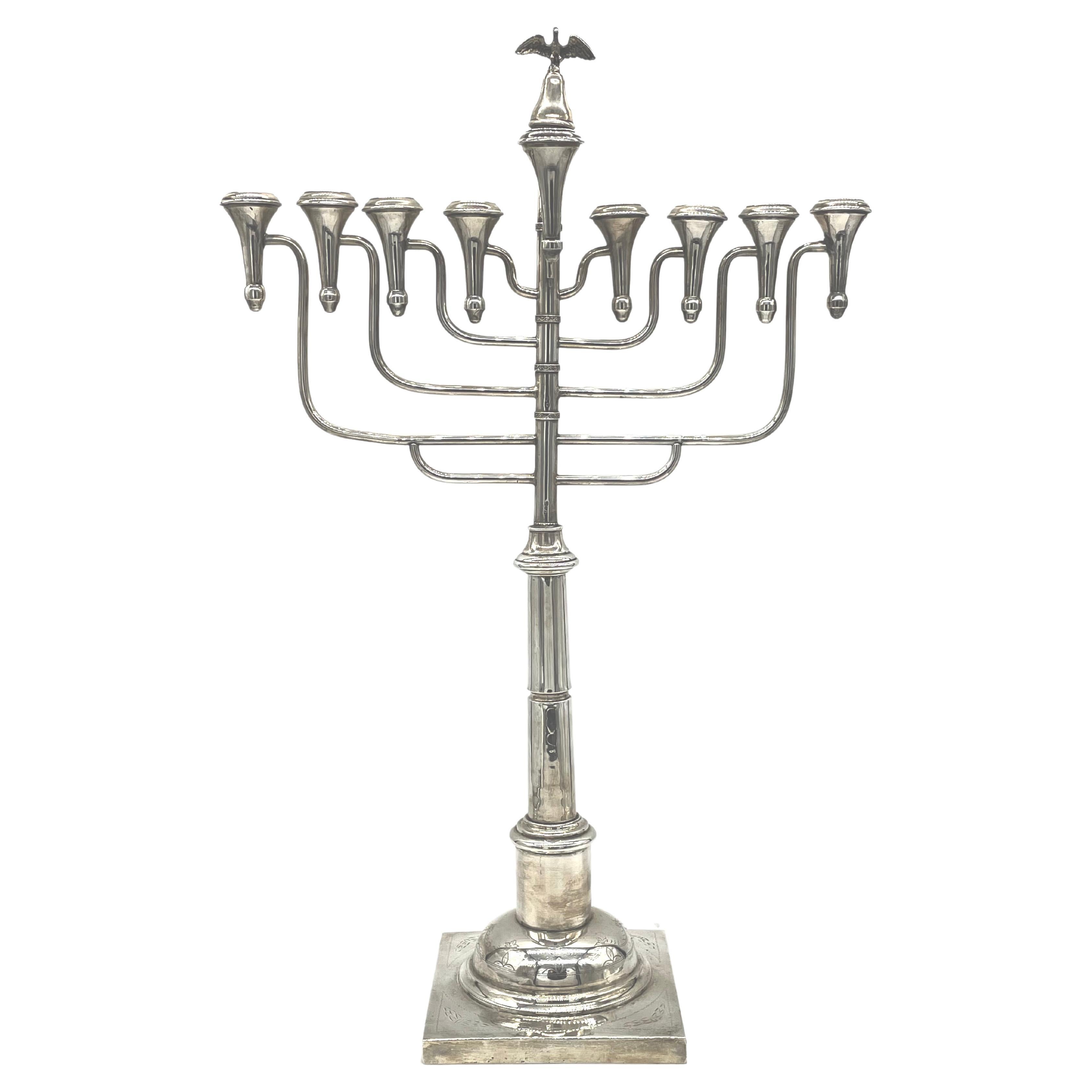 Early 20th Century Monumental Polish Silver Hanukkah Lamp For Sale