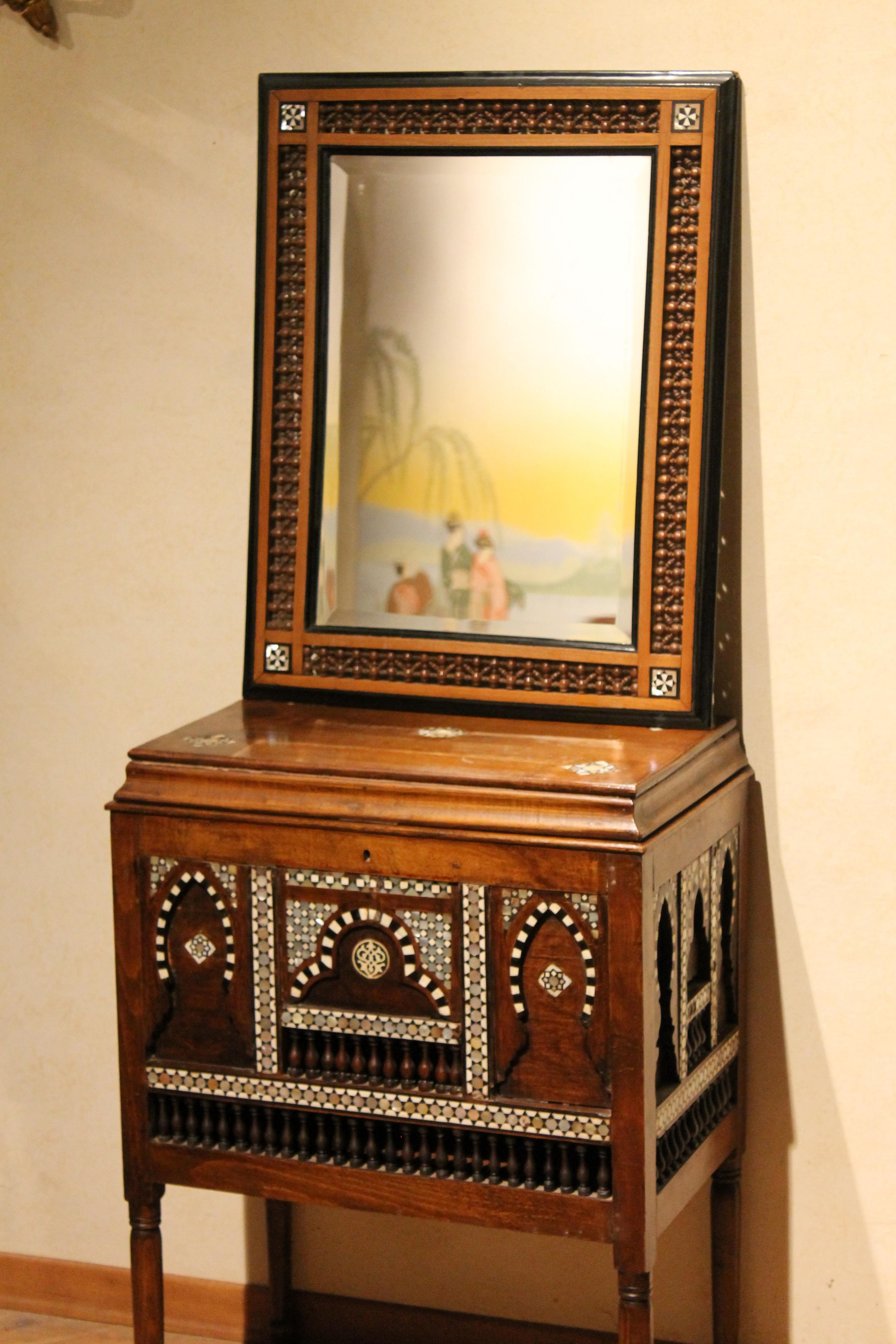 Early 20th Century Moorish Bugatti Style Open Top Chest or Side Table and Mirror 6
