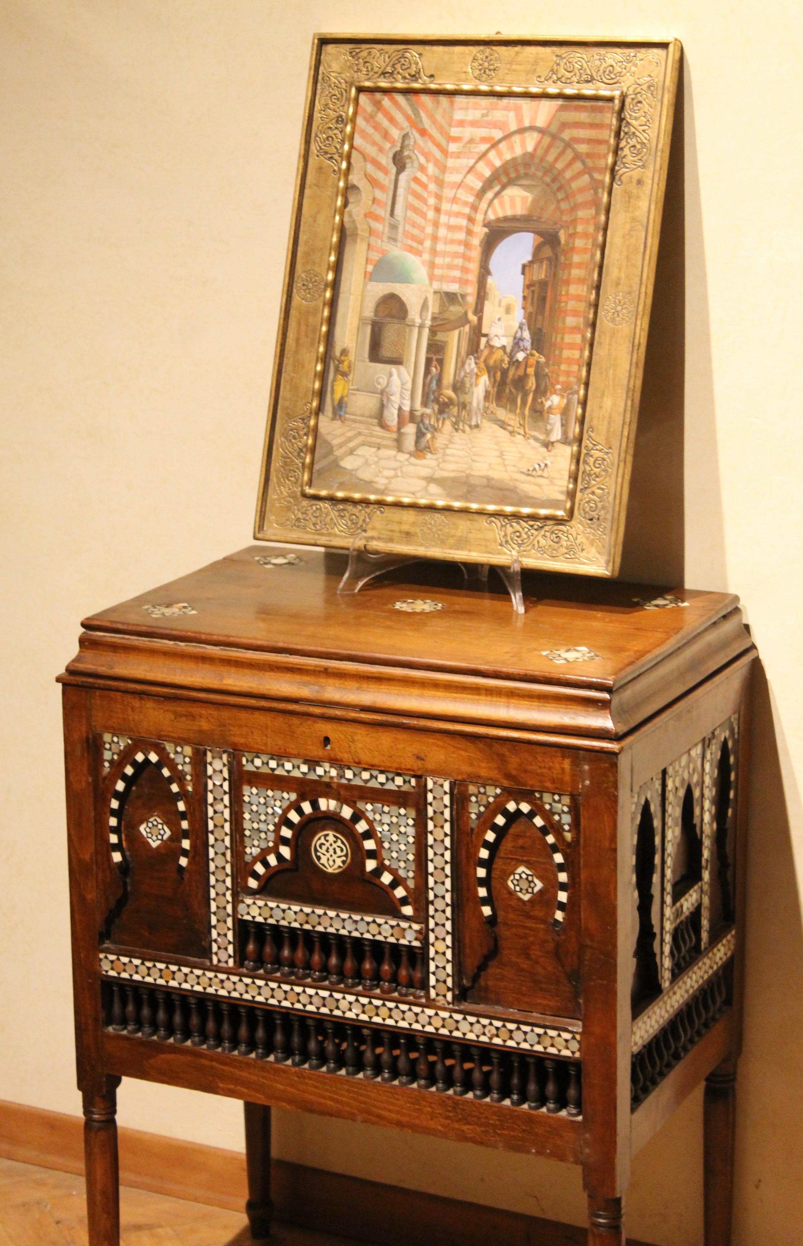 Early 20th Century Moorish Bugatti Style Open Top Chest or Side Table and Mirror 8
