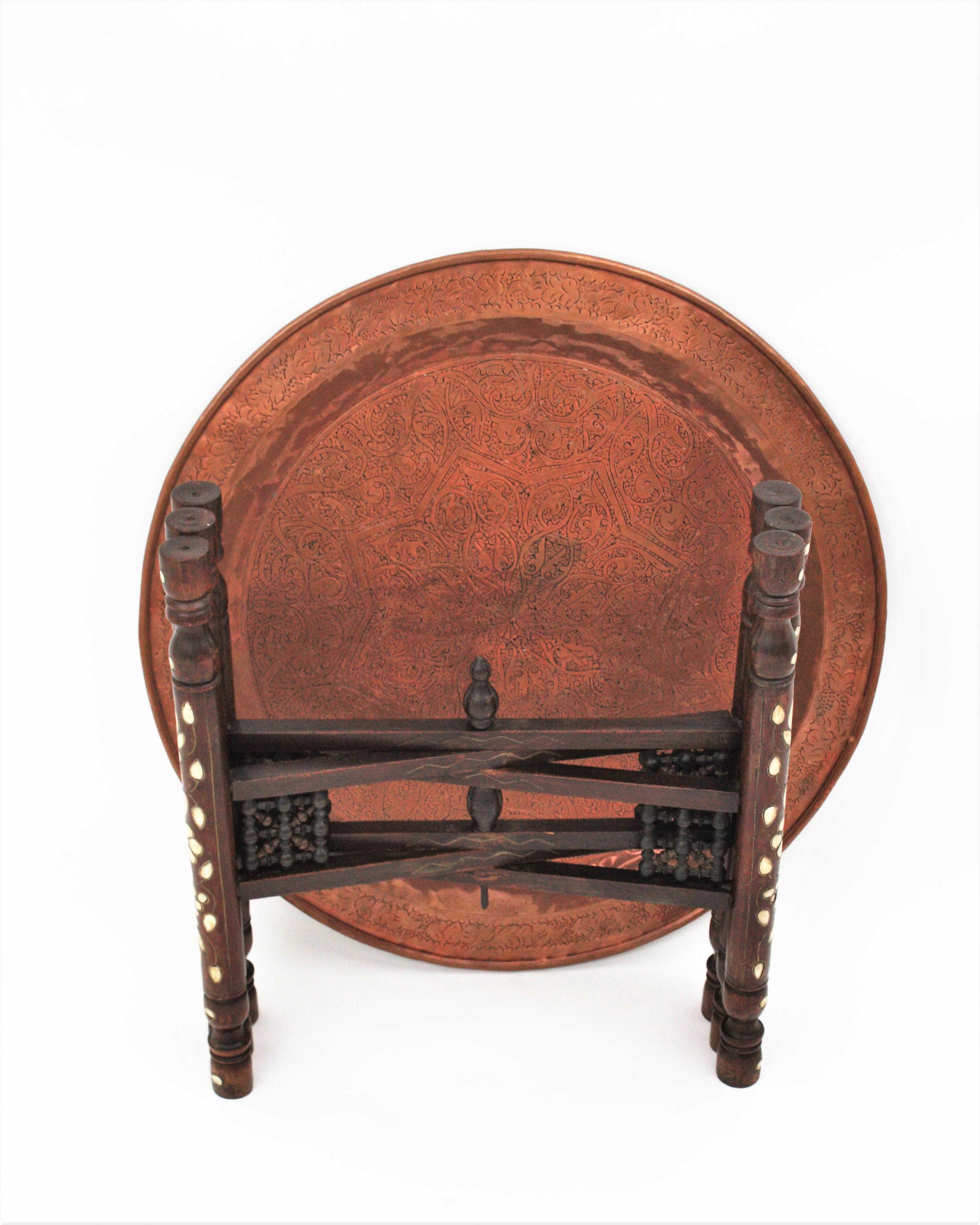Moroccan Moorish Copper Tray Table with Folding Base For Sale 3
