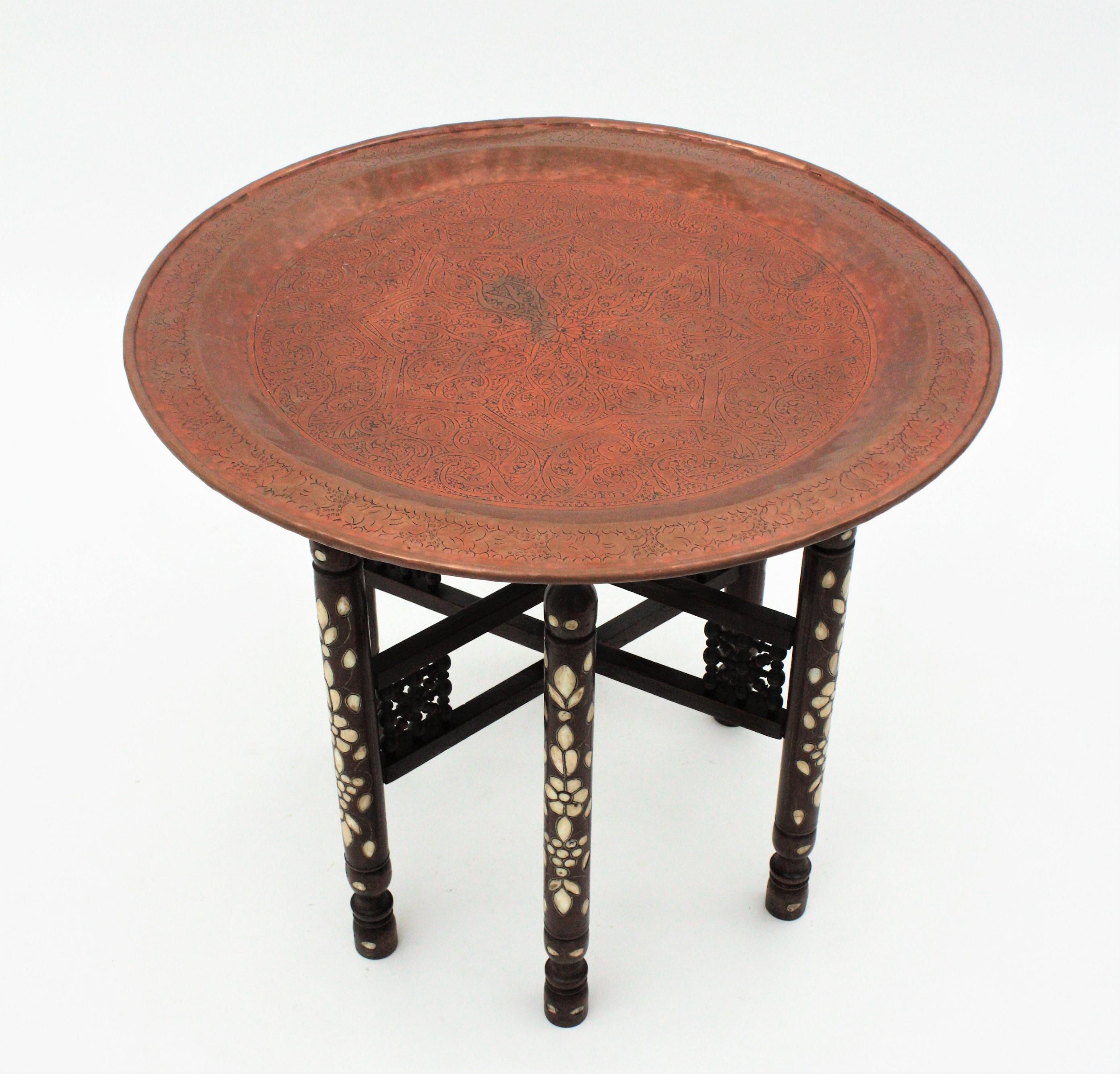 Turned Moroccan Moorish Copper Tray Table with Folding Base For Sale