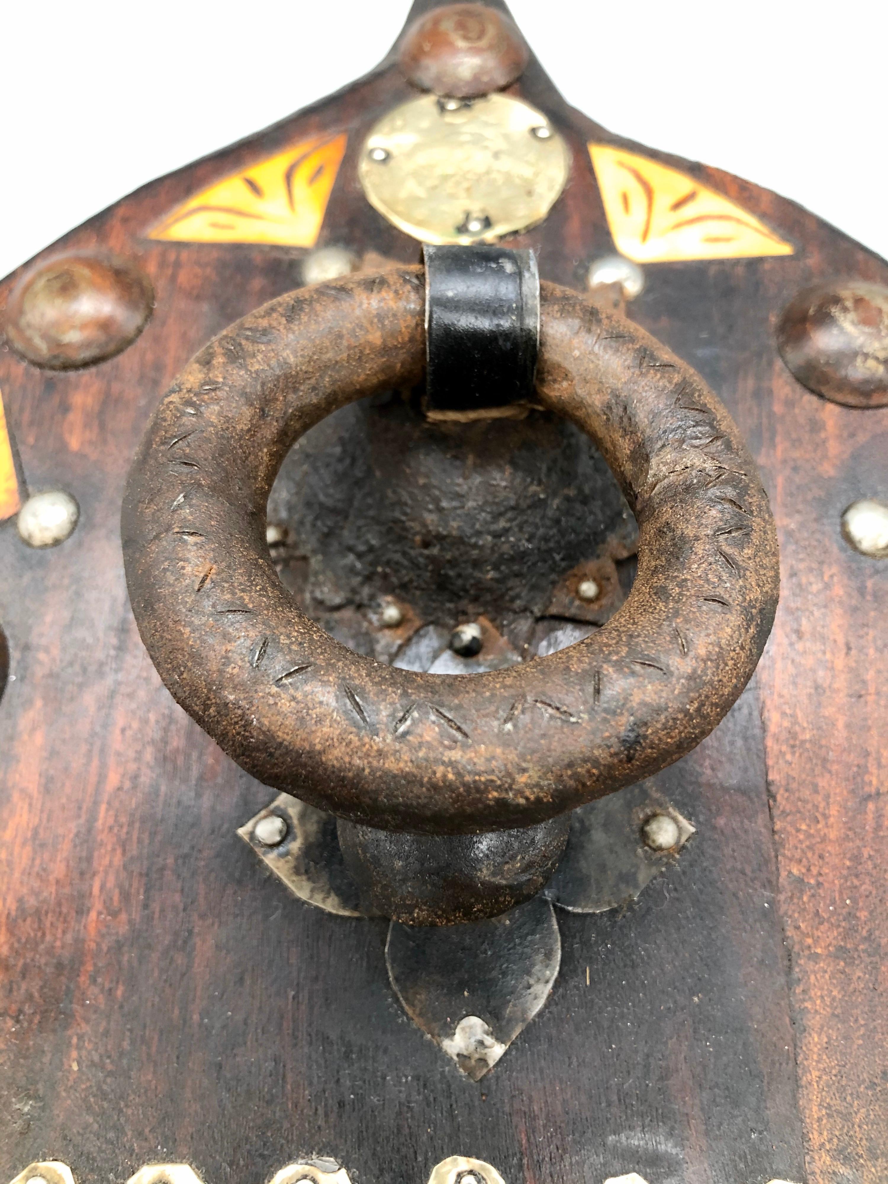 Brass Early 20th Century Moroccan Jewish Door Knocker with Menorah & Old Coins Judaica For Sale