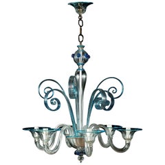 Early 20th Century Murano Glass Six-Arm Chandelier with Blue Borders