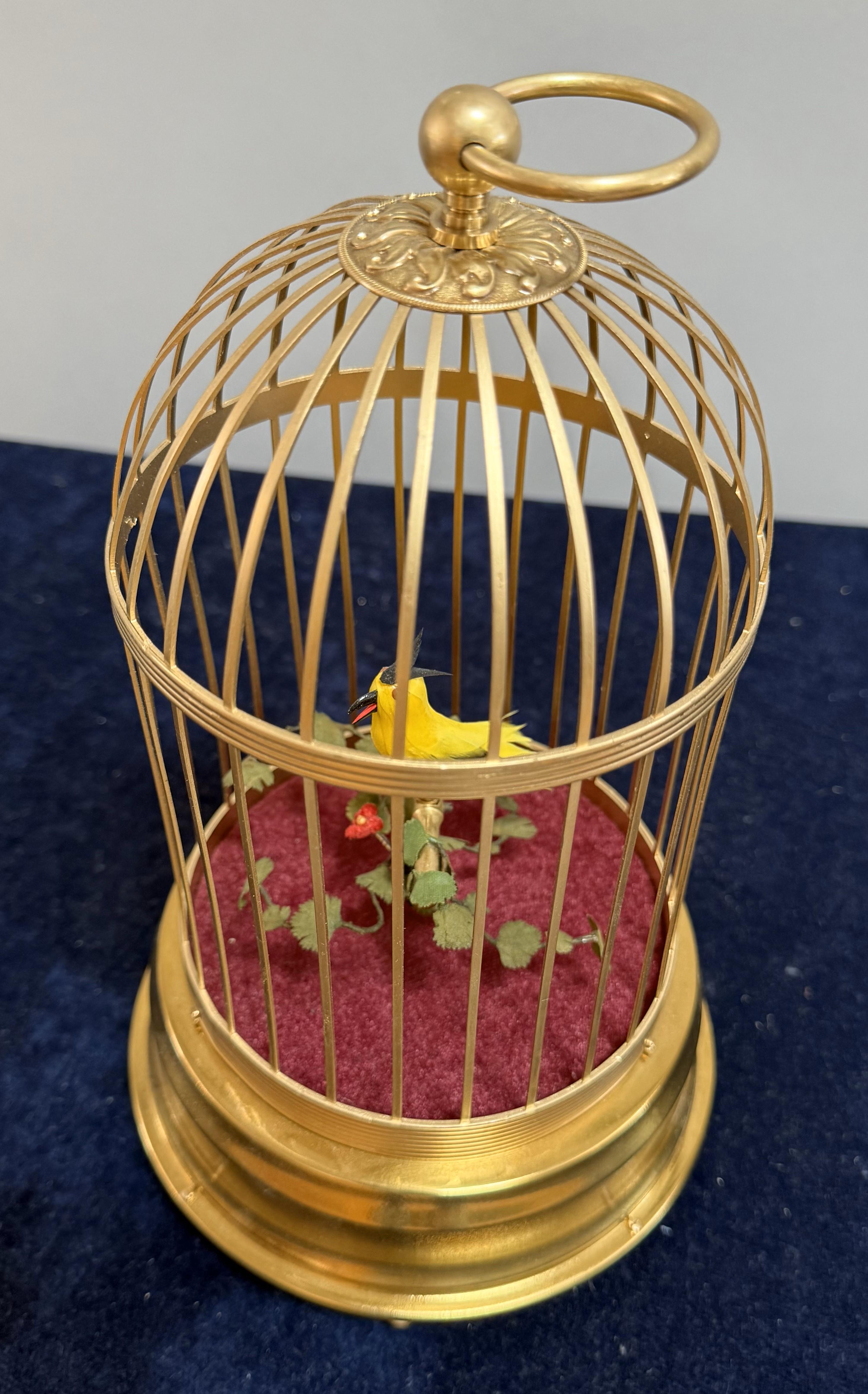 Un oiseau chanteur automatisé à la voix forte et au plumage flamboyant au milieu d'un feuillage dans une cage en laiton doré. Allemagne, vers 1920.

Ce magnifique oiseau chanteur vintage à collectionner ajoutera du charme à n'importe quelle pièce !