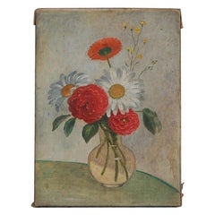 Early 20th Century Naive Oil on Canvas Vase of Flowers