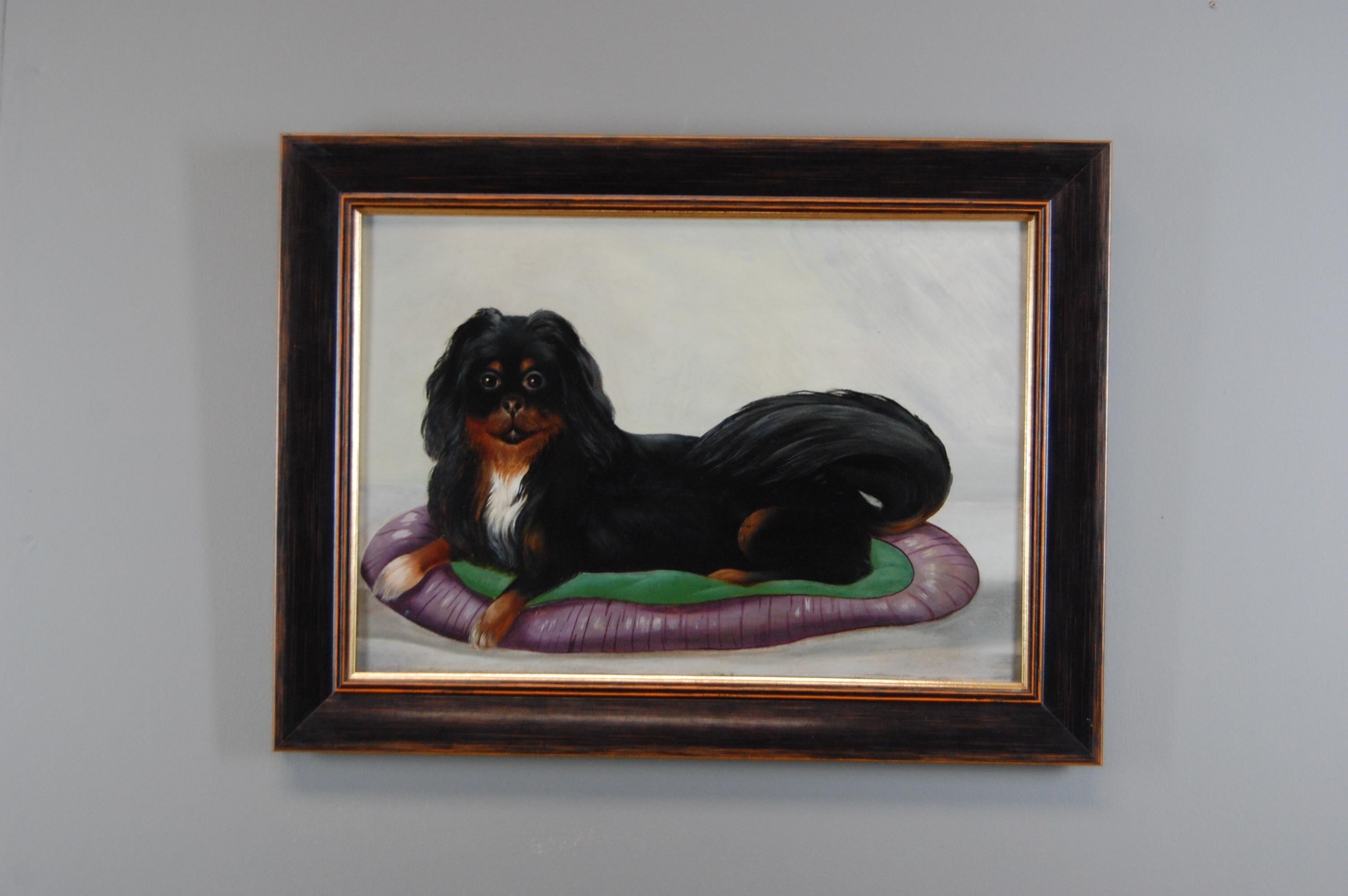 Portrait of a smart spaniel reclining on an equally smart cushion. Wonderful image and clarity to the painting. Oil on Panel, fully cleaned, restored and re-framed.
 