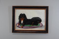 Early 20th Century Naive Oil Painting on Board, Reclining Spaniel on a Cushion