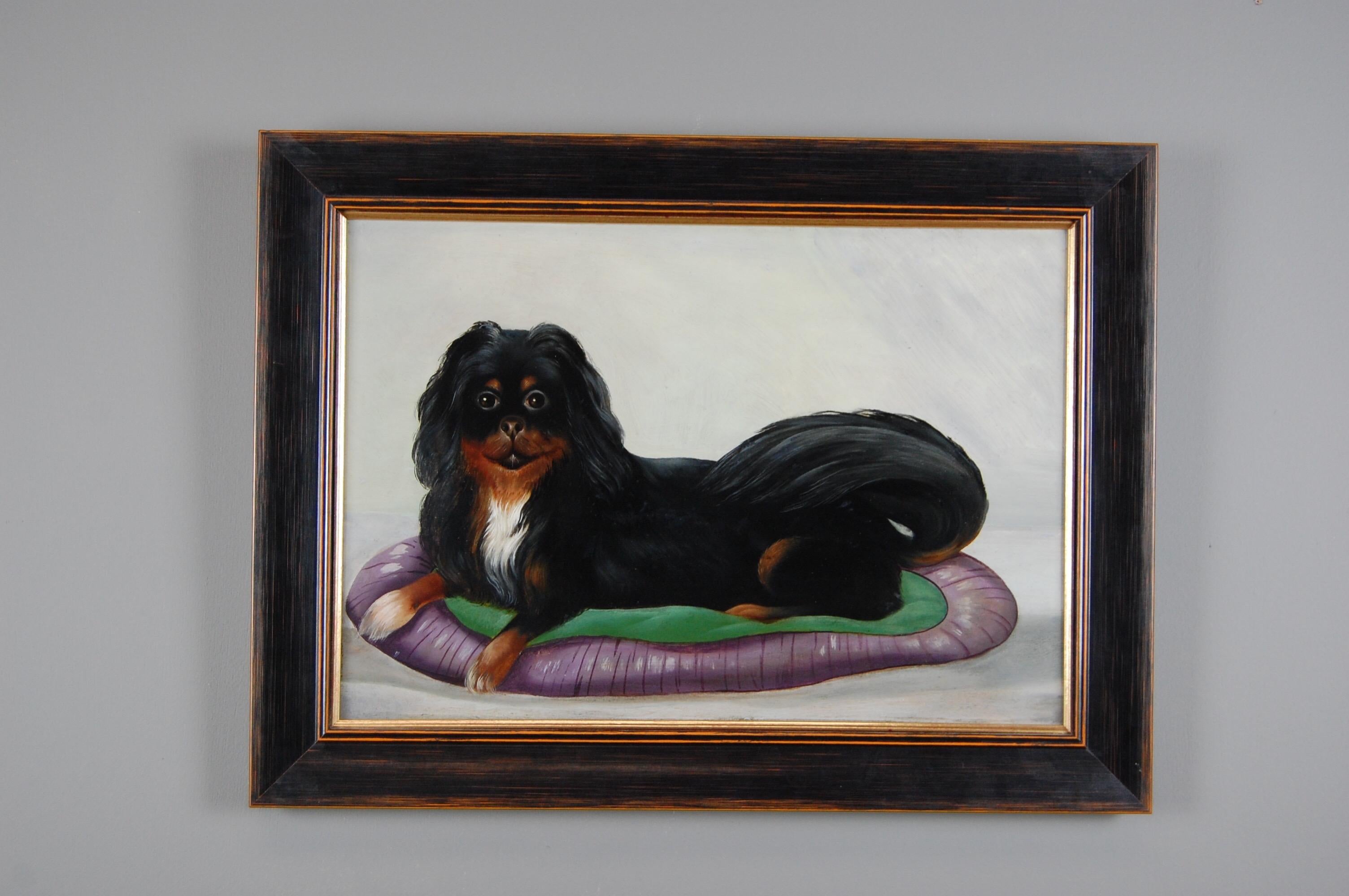 French Early 20th Century Naive Oil Painting on Board, Reclining Spaniel on a Cushion