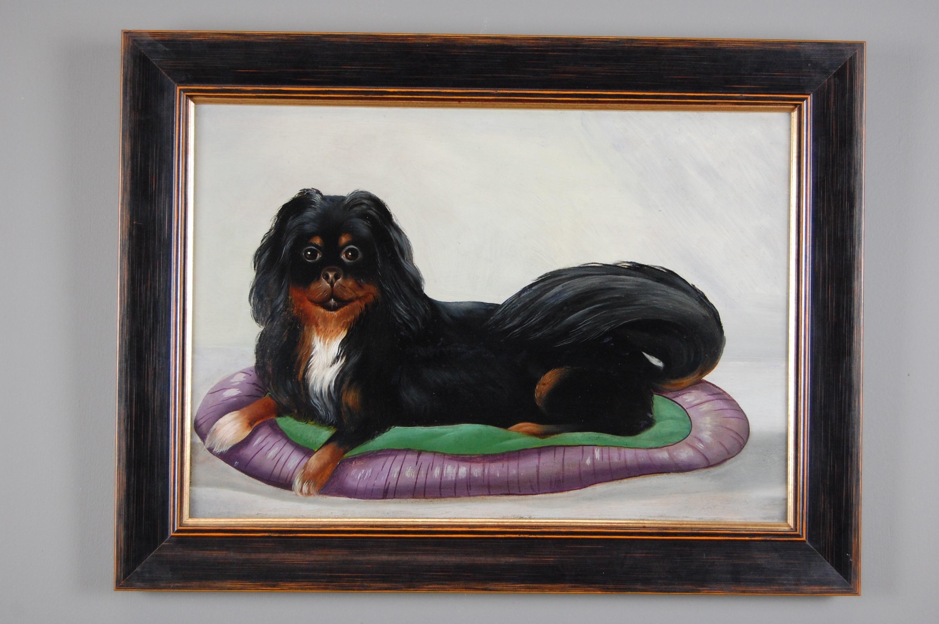 Early 20th Century Naive Oil Painting on Board, Reclining Spaniel on a Cushion 3