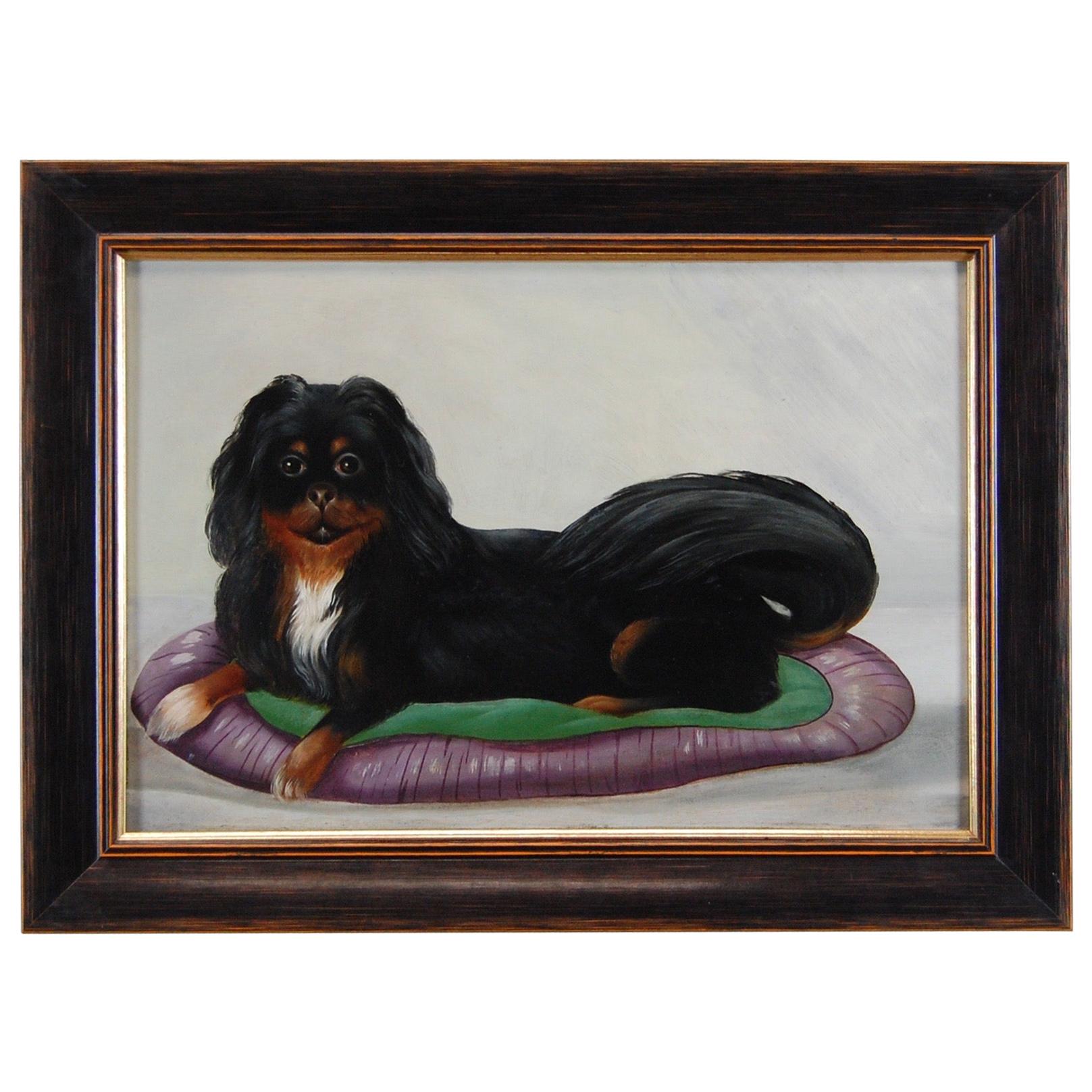 Early 20th Century Naive Oil Painting on Board, Reclining Spaniel on a Cushion