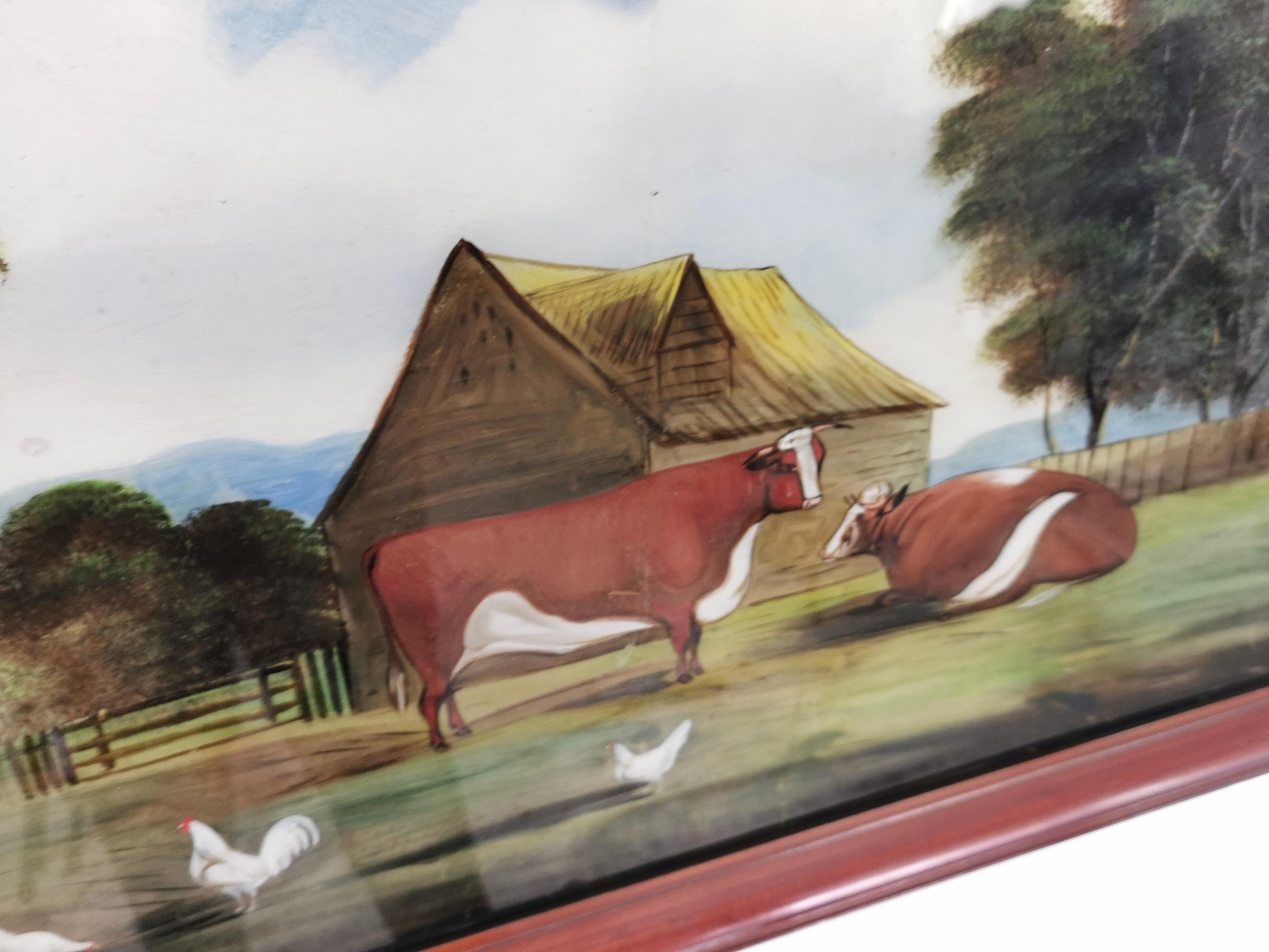 Pintura Vintage de la Escuela Naif de principios del siglo XX Toros y gallinas en venta 6