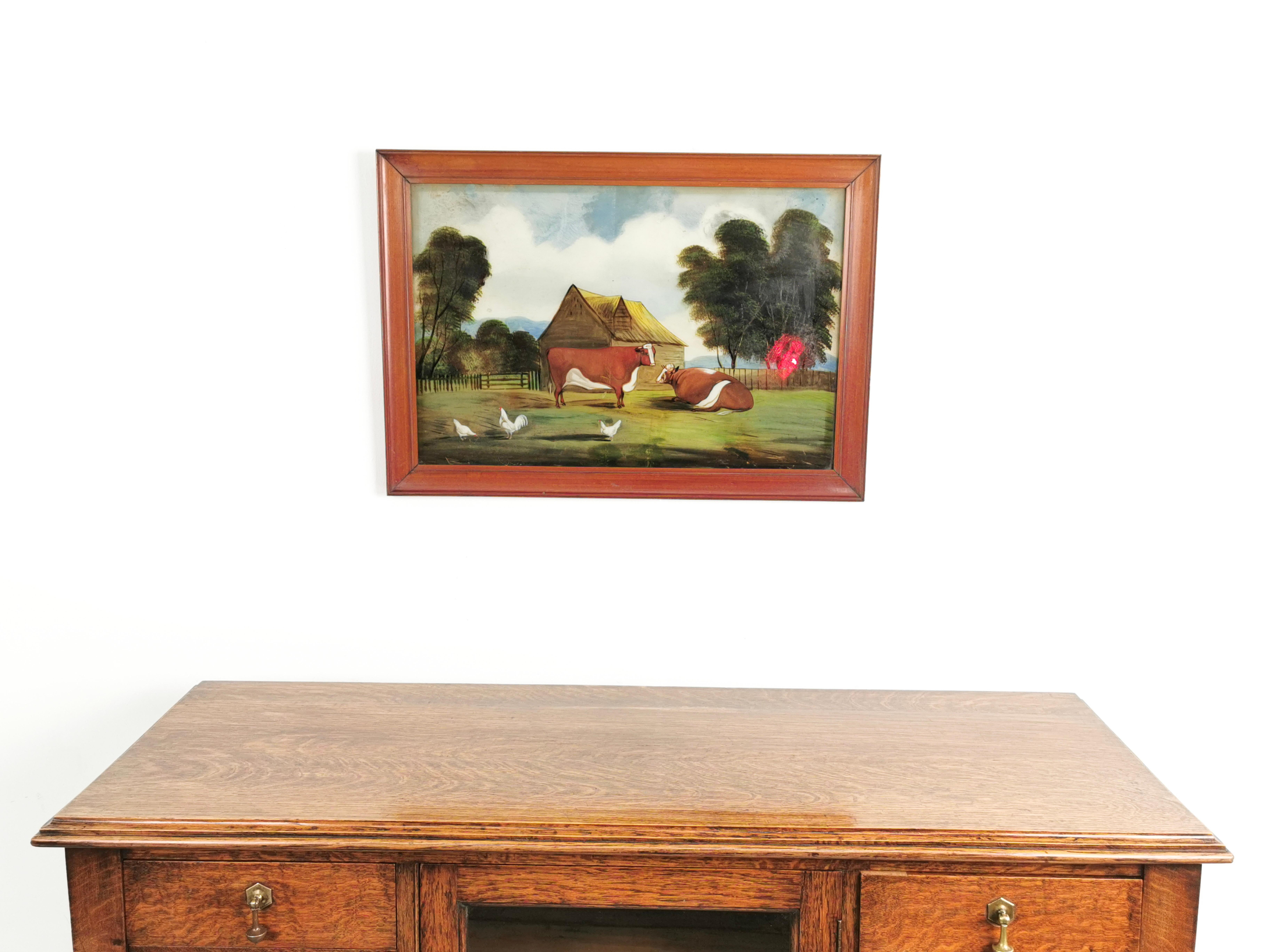 Pintura ingenua de una escena de granja

Pintura al óleo sobre tabla de principios del siglo XX, enmarcada y ejecutada con ingenuidad, de una escena de granja con gallinas y toros. 

Un cuadro único muy encantador. Sin firmar. 

En general, en
