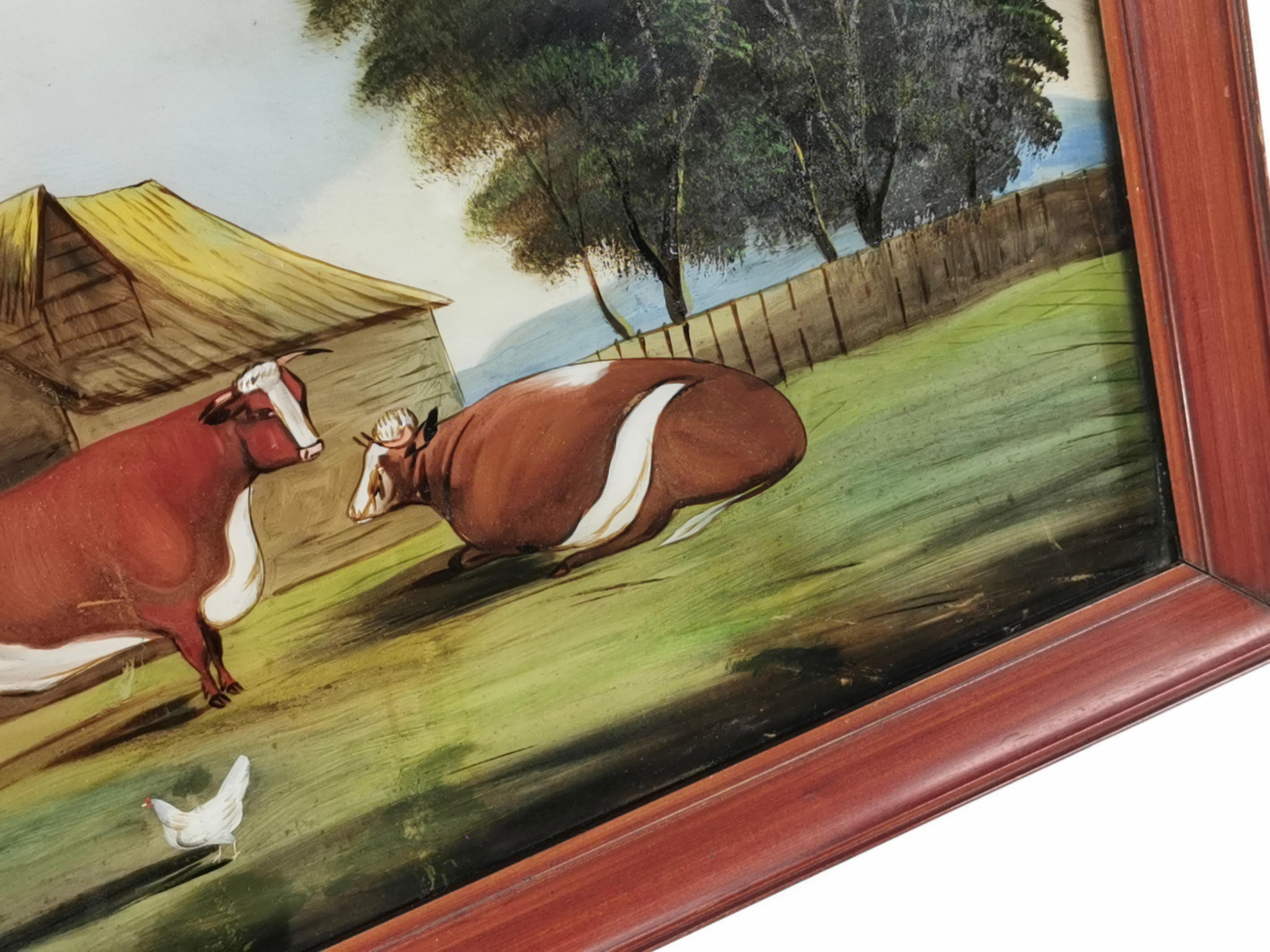 Pintura Vintage de la Escuela Naif de principios del siglo XX Toros y gallinas en Bueno estado para la venta en STOKE ON TRENT, GB