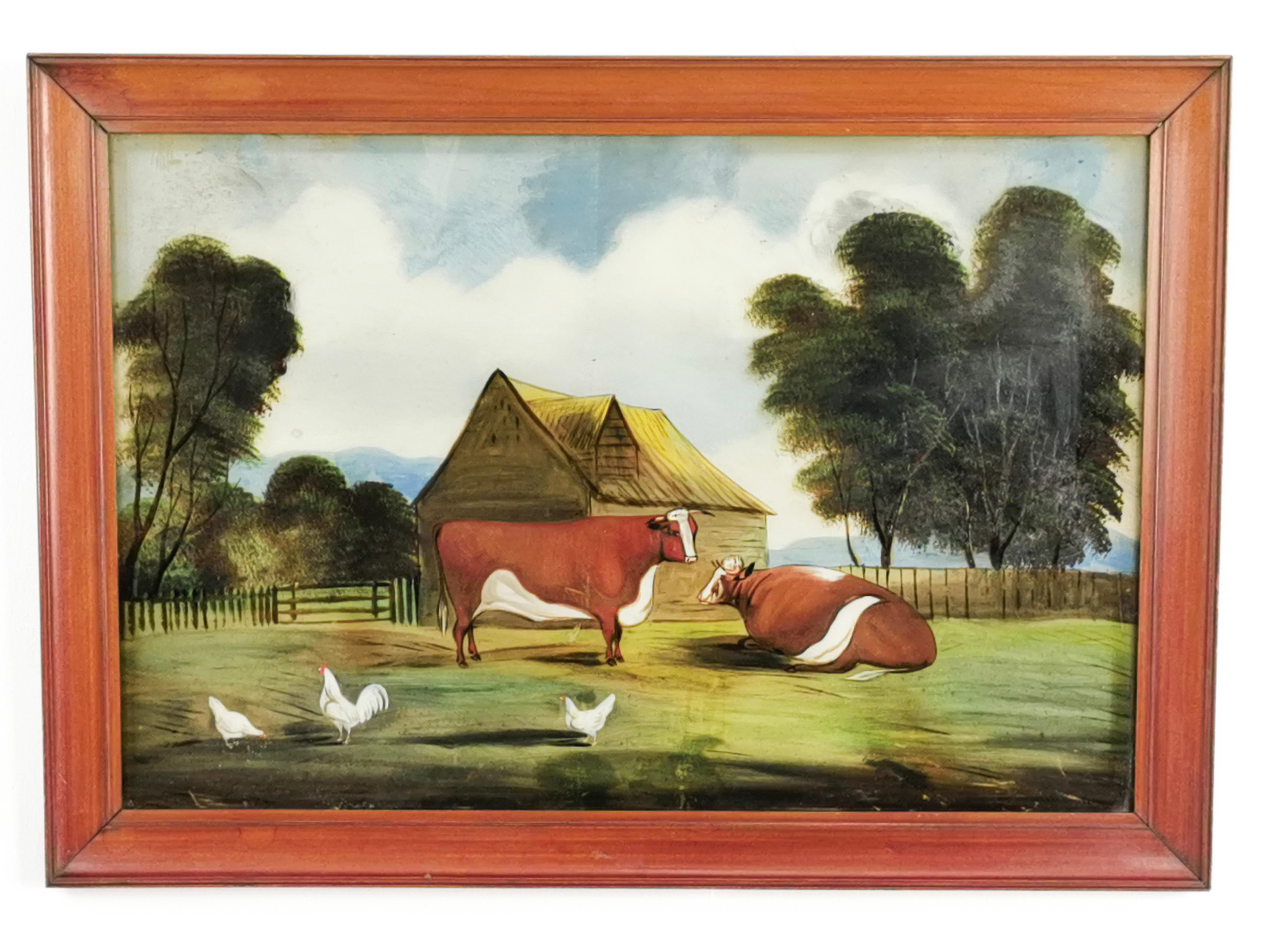 Pintura Vintage de la Escuela Naif de principios del siglo XX Toros y gallinas en venta 2