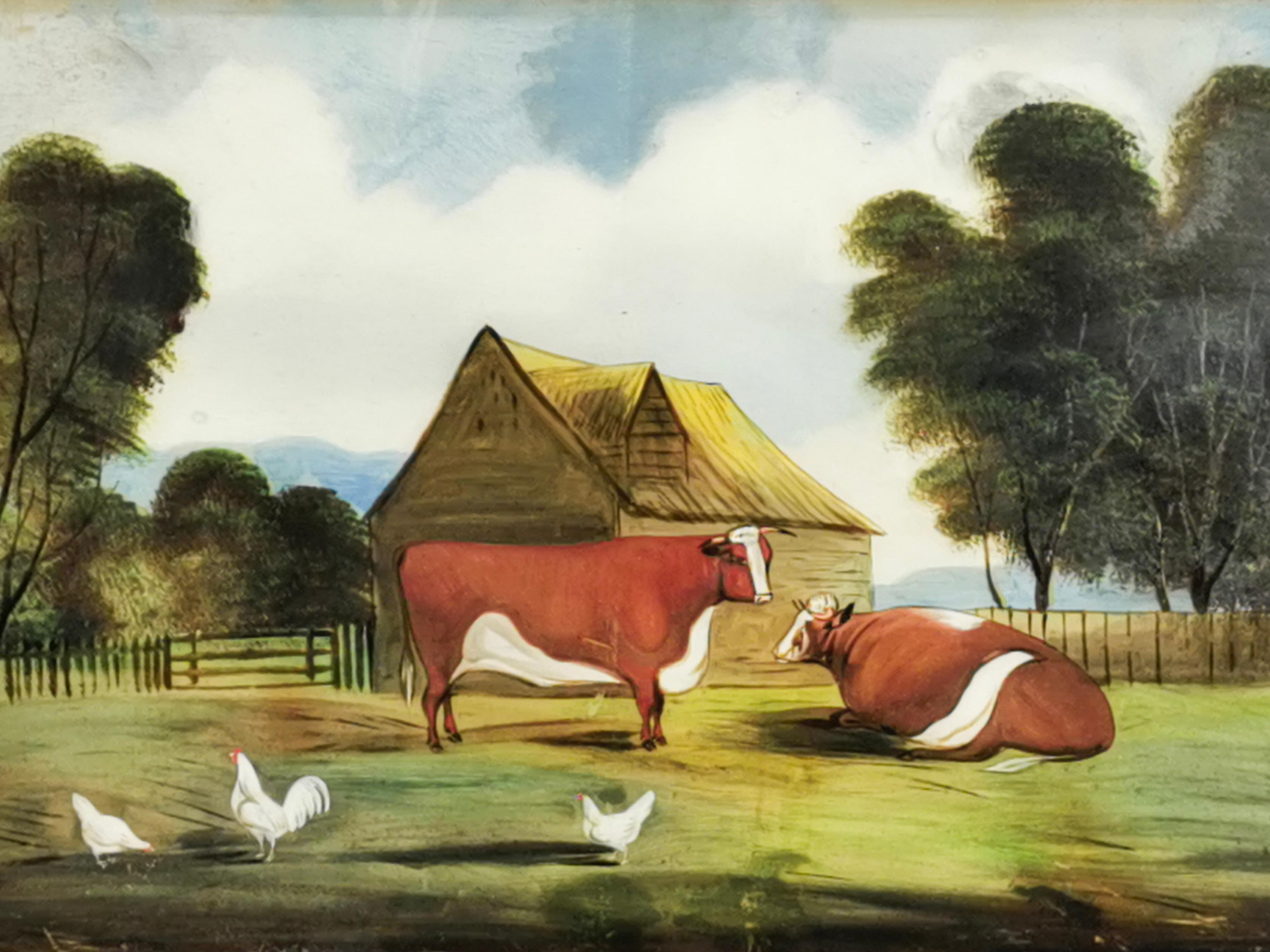 Pintura Vintage de la Escuela Naif de principios del siglo XX Toros y gallinas en venta 3