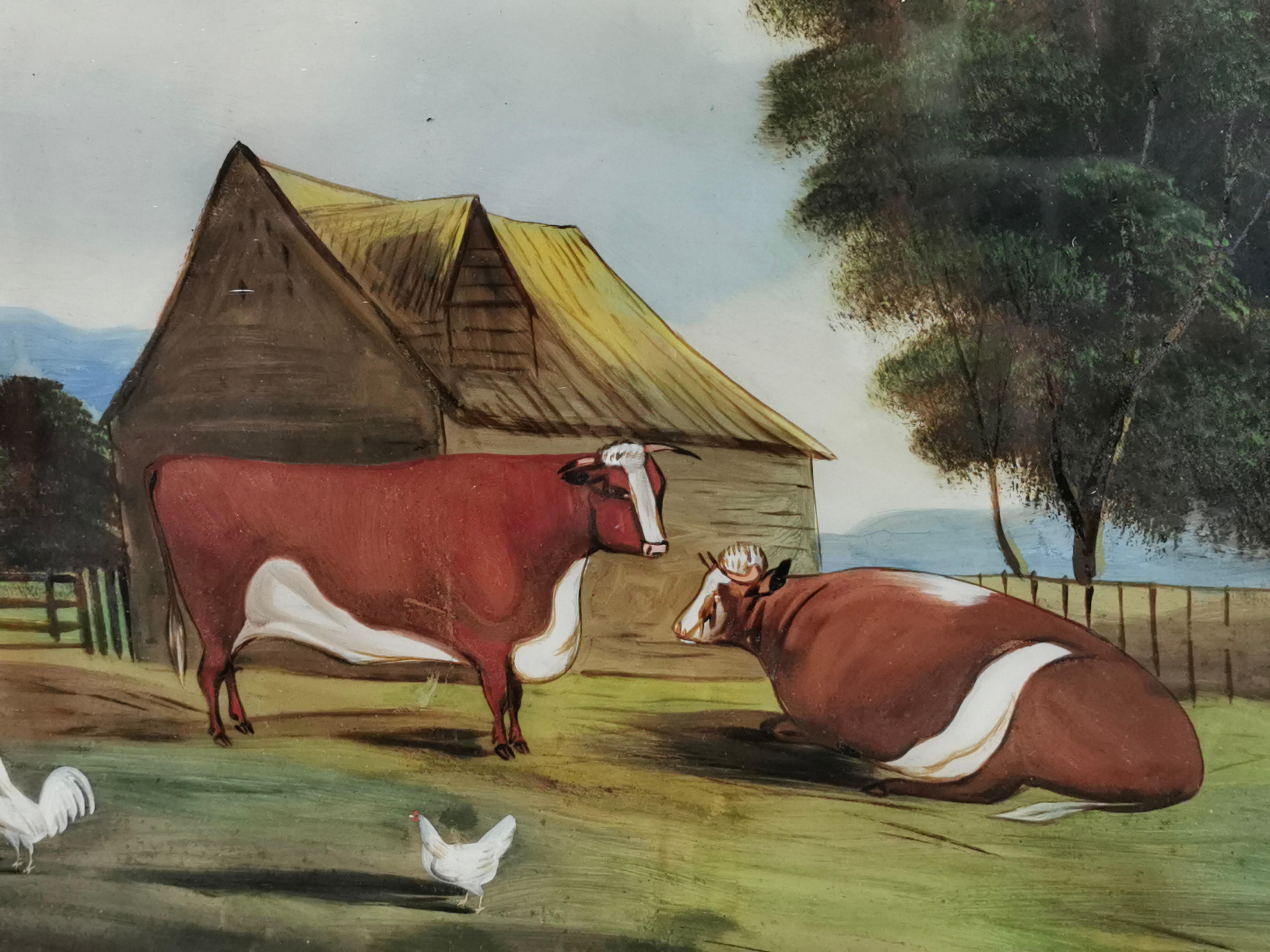 Pintura Vintage de la Escuela Naif de principios del siglo XX Toros y gallinas en venta 4