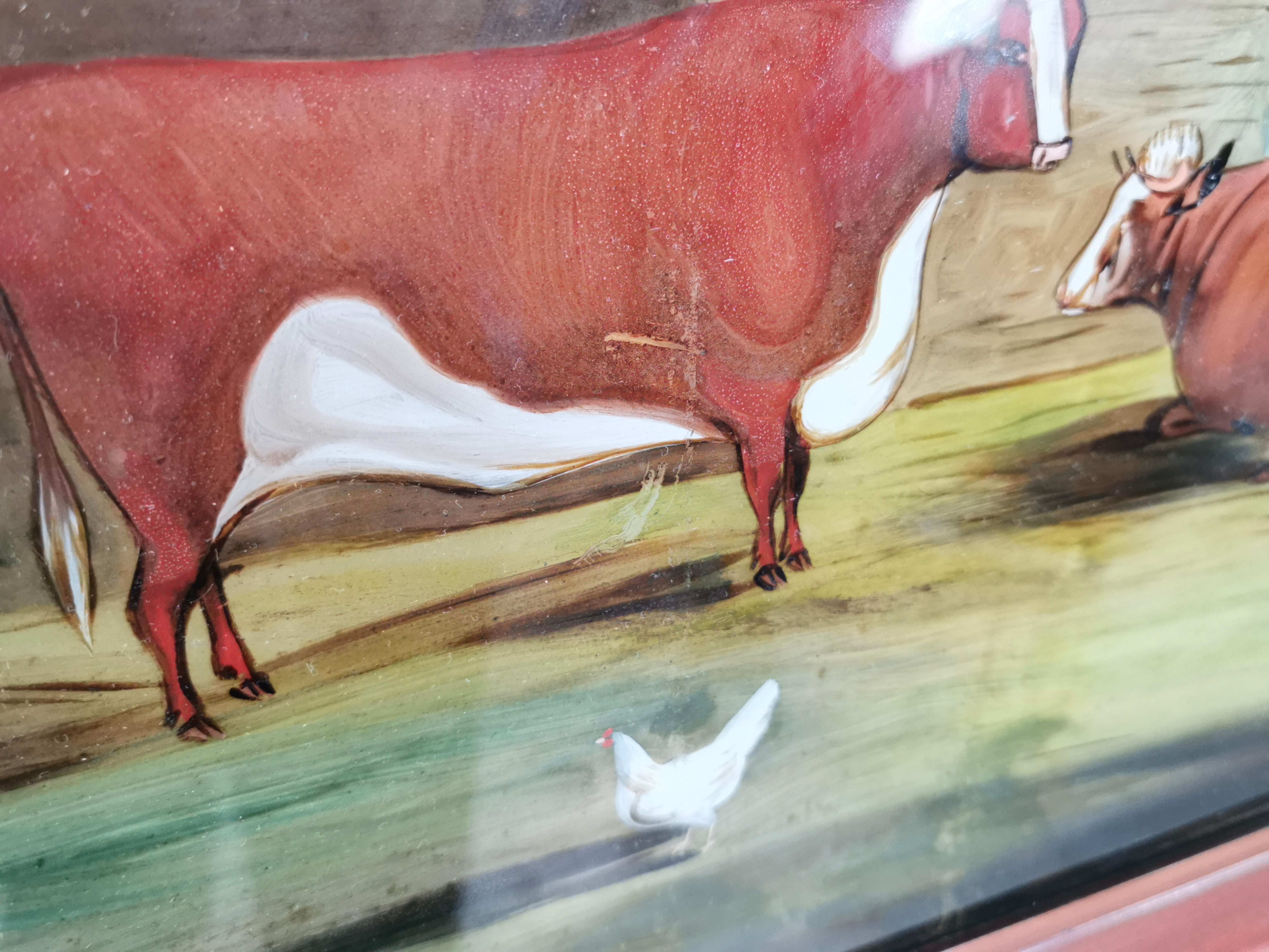 Pintura Vintage de la Escuela Naif de principios del siglo XX Toros y gallinas en venta 5