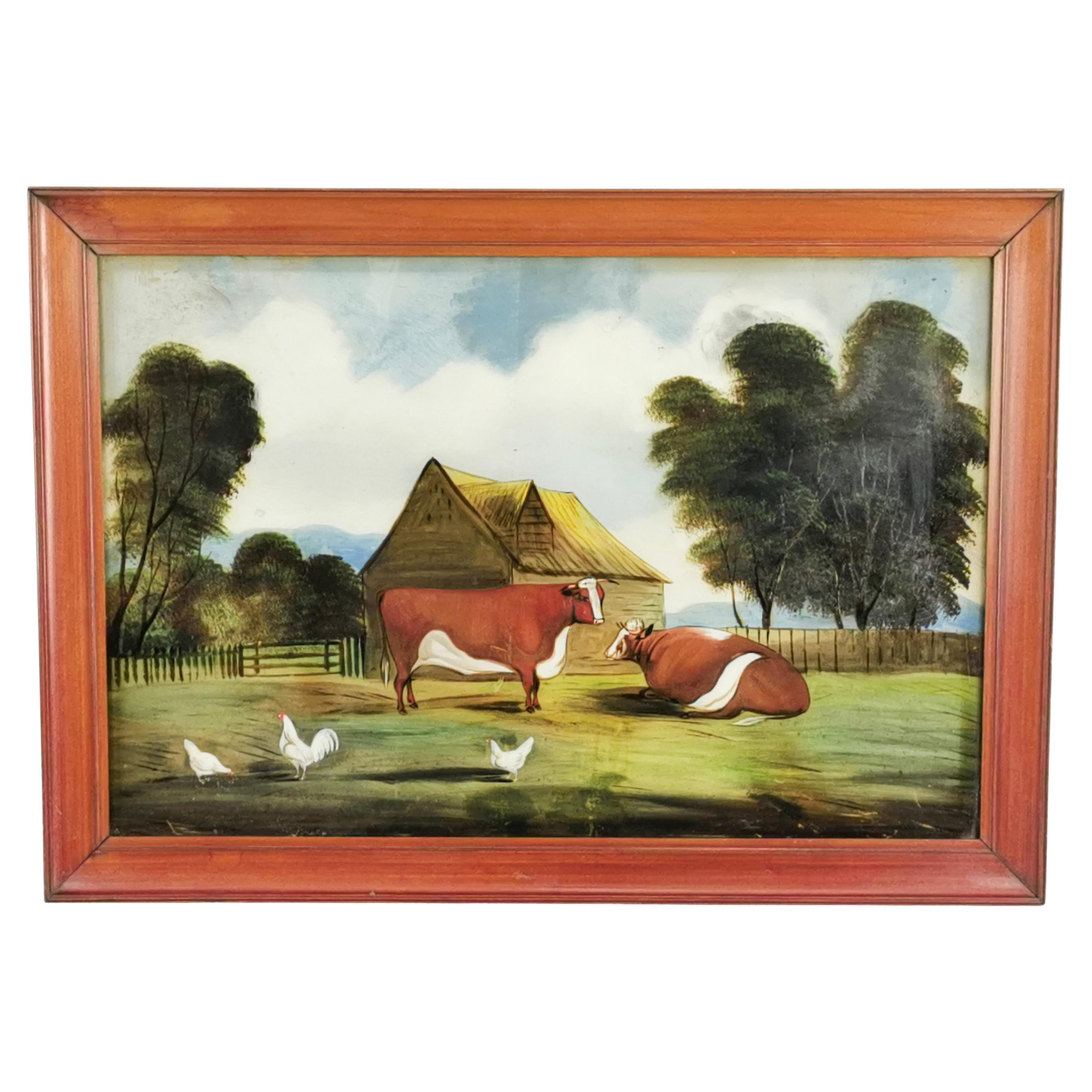 Pintura Vintage de la Escuela Naif de principios del siglo XX Toros y gallinas