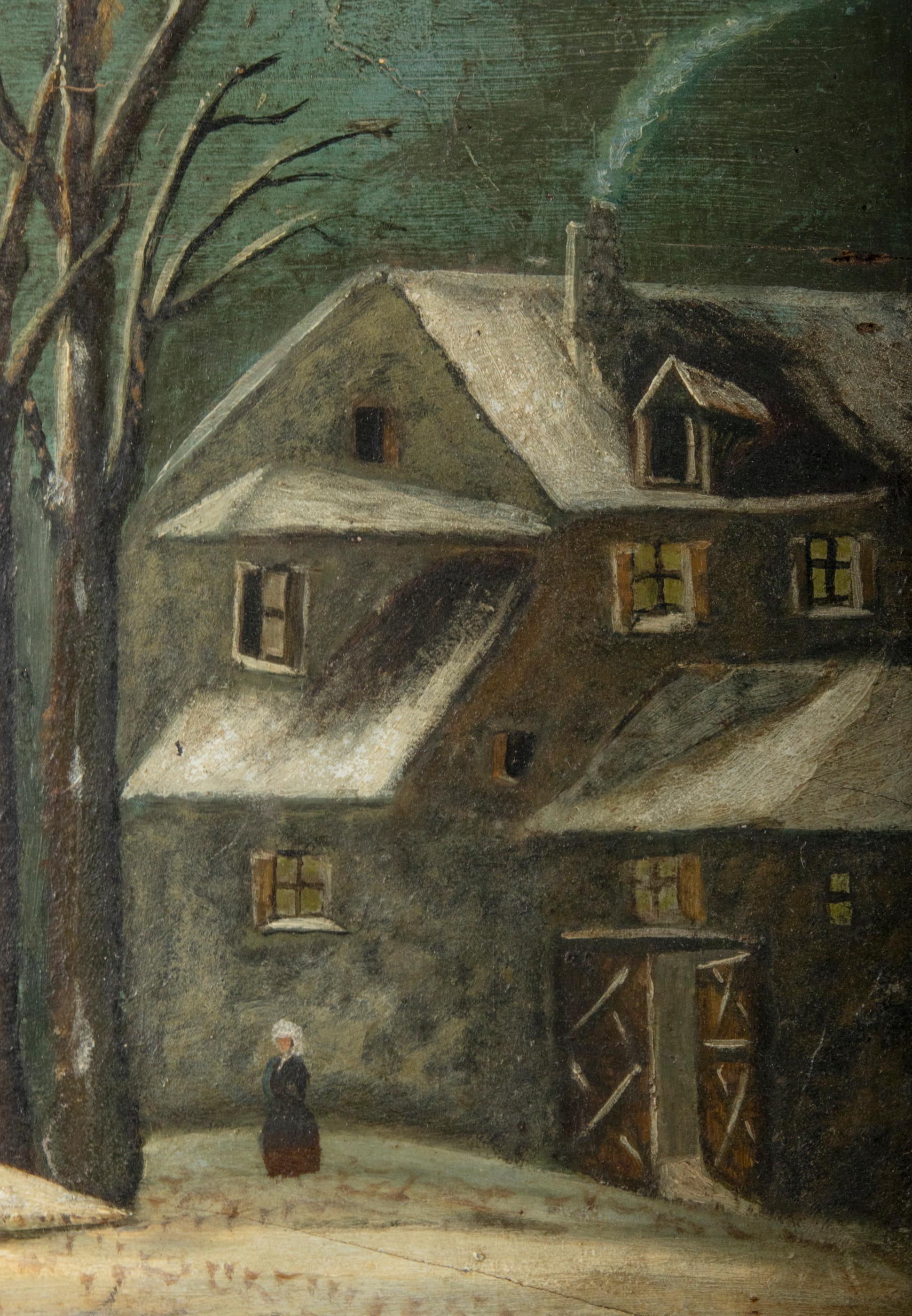 Early 20th Century Naive Winter Landscape Oil Painting 4