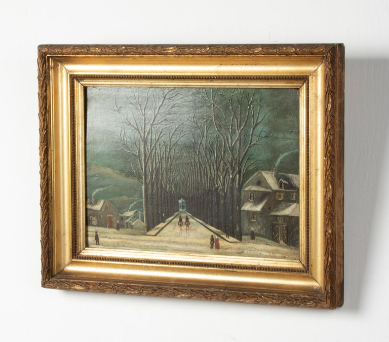 Early 20th Century Naive Winter Landscape Oil Painting For Sale 5