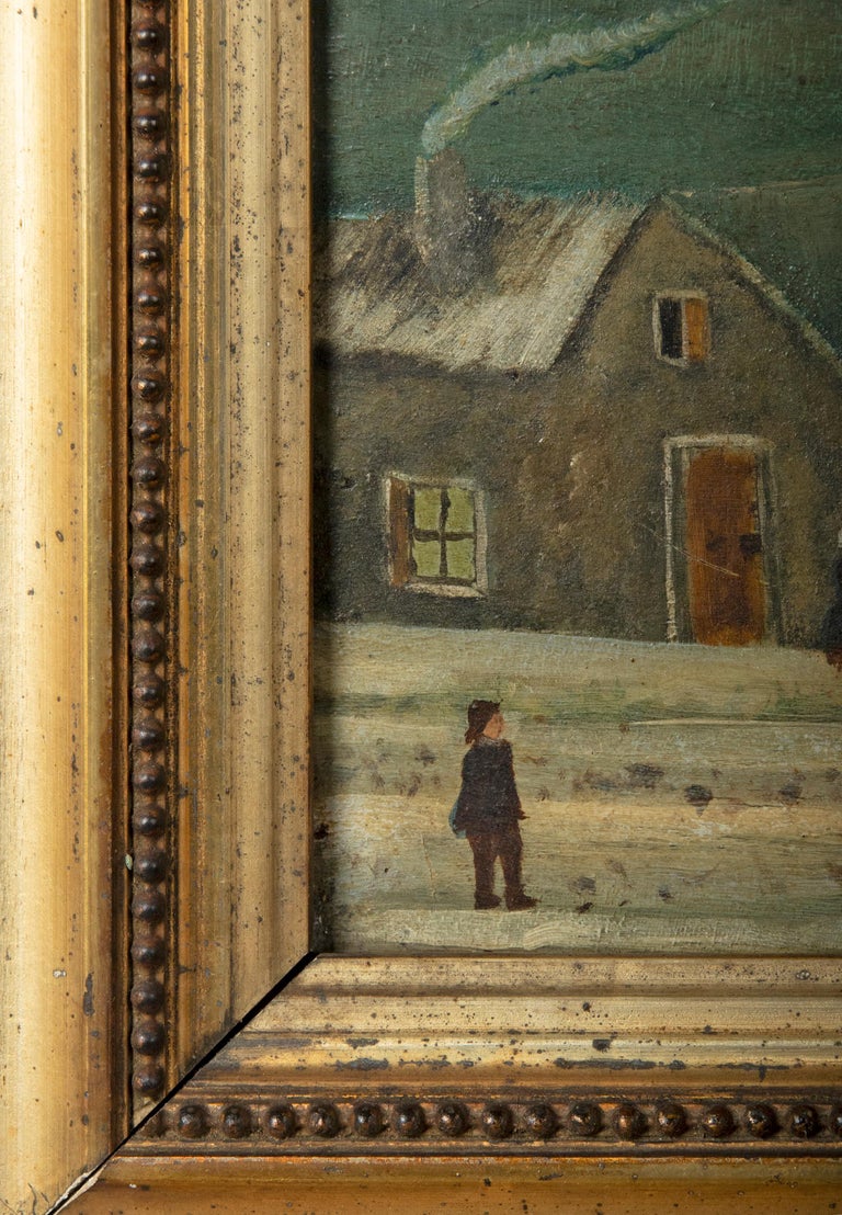 Early 20th Century Naive Winter Landscape Oil Painting For Sale 7