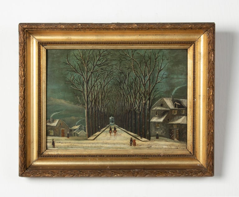 A naive painting of a winter landscape It is painted with oil paint on an oak panel. With the original wooden with gesso frame. The painting is not signed. Made in France, circa 1910-1930. The frame have a small damage at the top and on the left