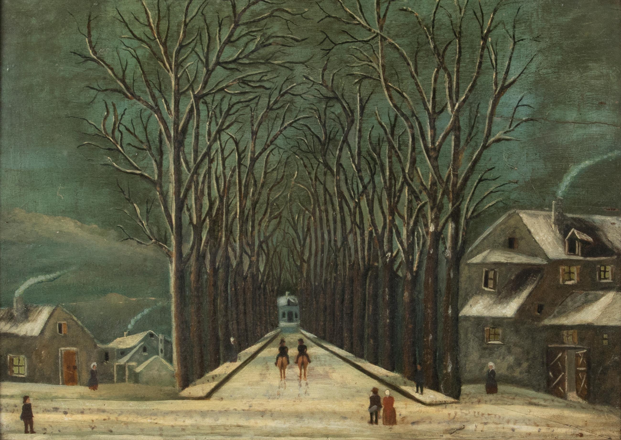 Belle Époque Early 20th Century Naive Winter Landscape Oil Painting
