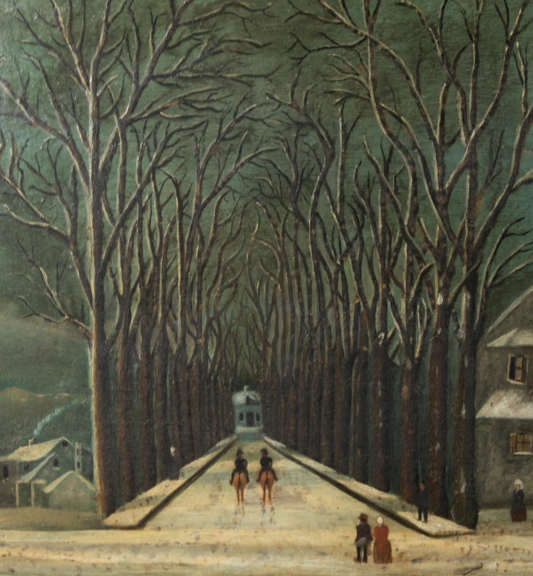 Hand-Painted Early 20th Century Naive Winter Landscape Oil Painting For Sale