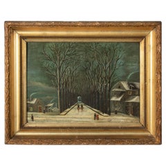 Early 20th Century Naive Winter Landscape Oil Painting