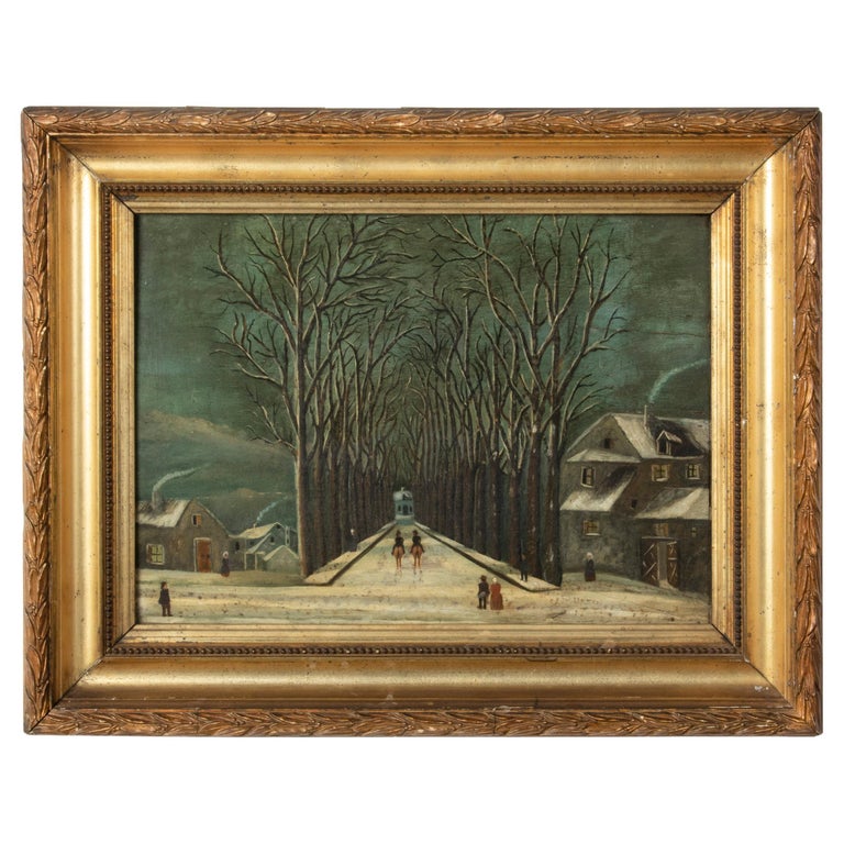 Early 20th Century Naive Winter Landscape Oil Painting For Sale