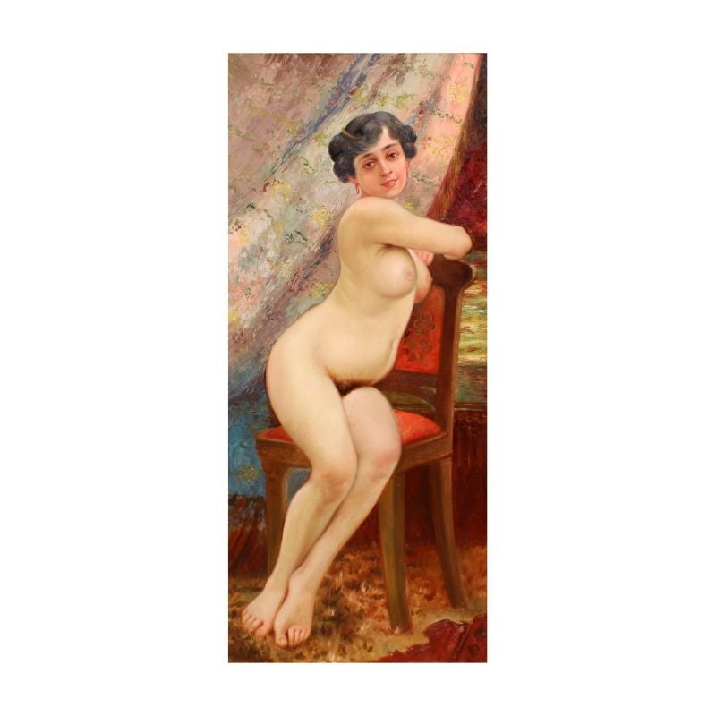 Début du 20e siècle 

Femme nue

Huile sur toile, 170 x 75 cm

Avec cadre 192 x 97 cm

années de la loi Merlin qui, en 1958, avait sanctionné la fermeture des maisons fermées. En plus des œuvres d'art représentant ce sujet, l'attention s'est