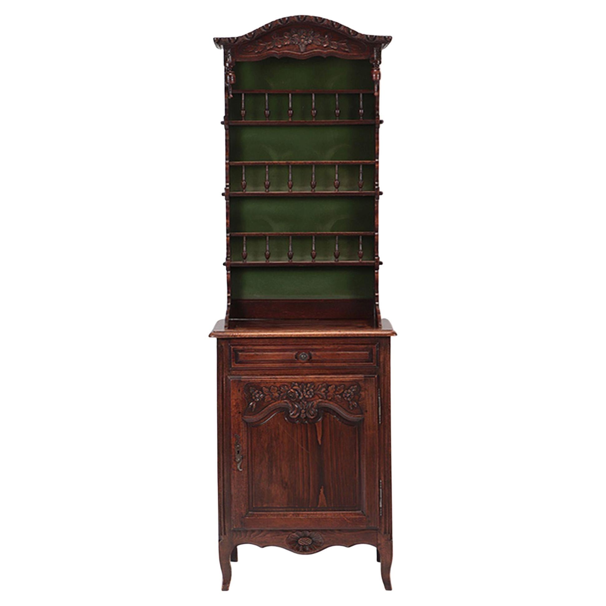 Early 20th Century Narrow Dark French Oak Hutch with Single Door and Drawer For Sale