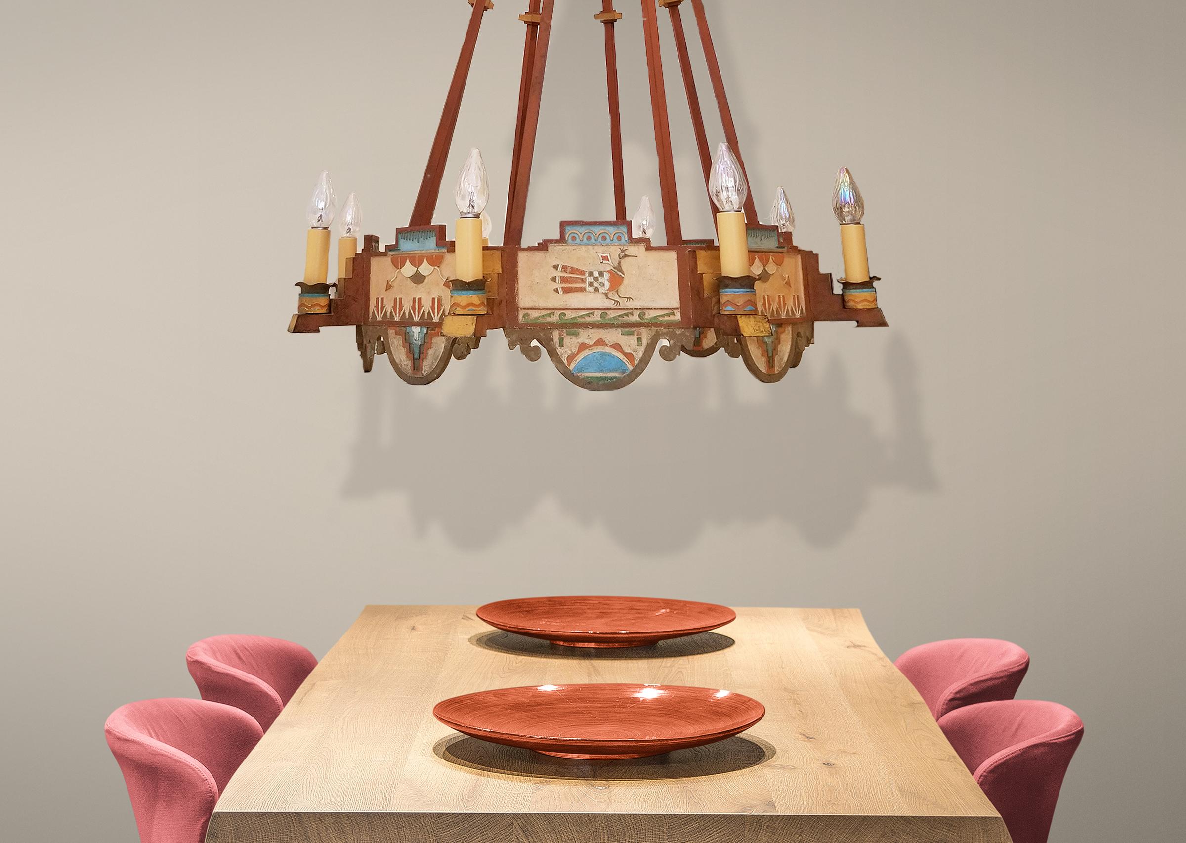 Southwest Chandelier from circa 1930s. Originally hung in the Hilton Hotel in Albuquerque, New Mexico which was built in 1939. At the time, this was the fourth hotel Conrad Hilton built and the first hotel Conrad Hilton built in his native New