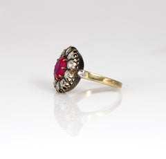 Early 20th Century Natural Burma Ruby & Old Mine Cut Halo Cocktail Ring 18k Gold