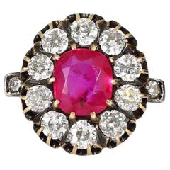 Early 20th Century Natural Burma Ruby & Old Mine Cut Halo Cocktail Ring 18k Gold