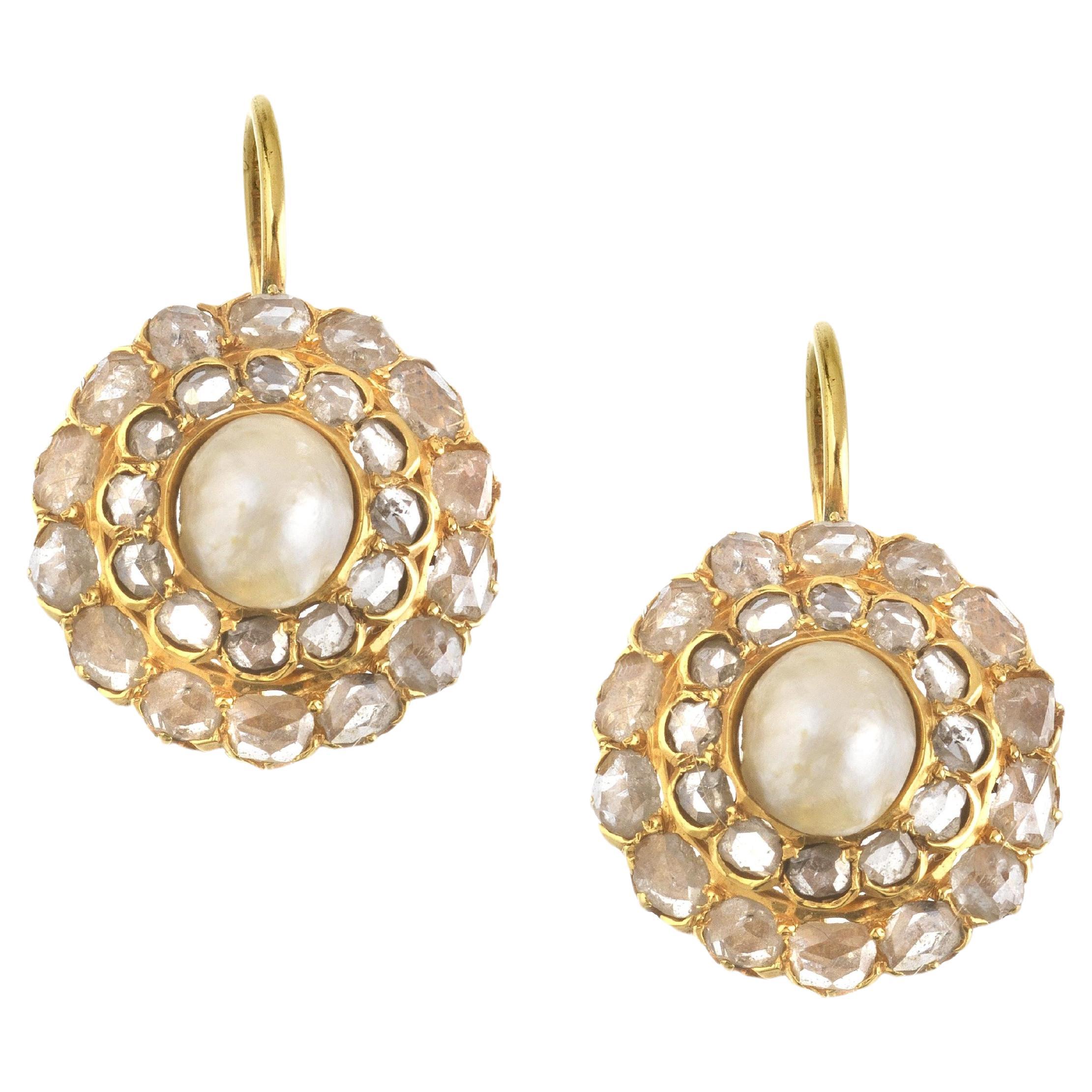 Early 20th Century Natural Pearl And Rose Diamond Earrings For Sale