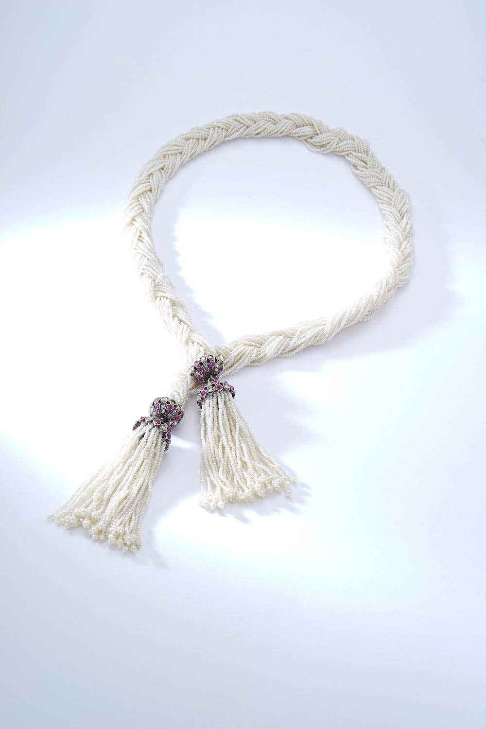 Early 20th Century Natural Pearl Ruby Diamond Rose cut Necklace In Excellent Condition In Geneva, CH