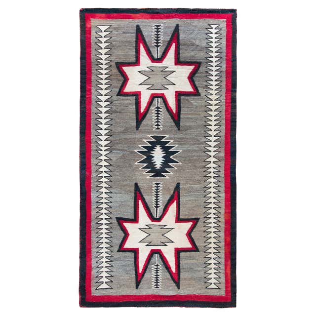Vintage American Navajo Area Rug in Medallion Pattern in Ivory, Black ...