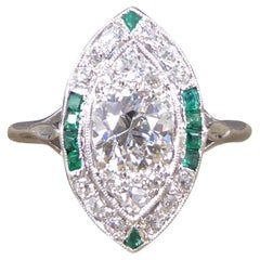 Early 20th Century Navette Shaped Diamond Emerald Cluster Ring 18ct White Gold