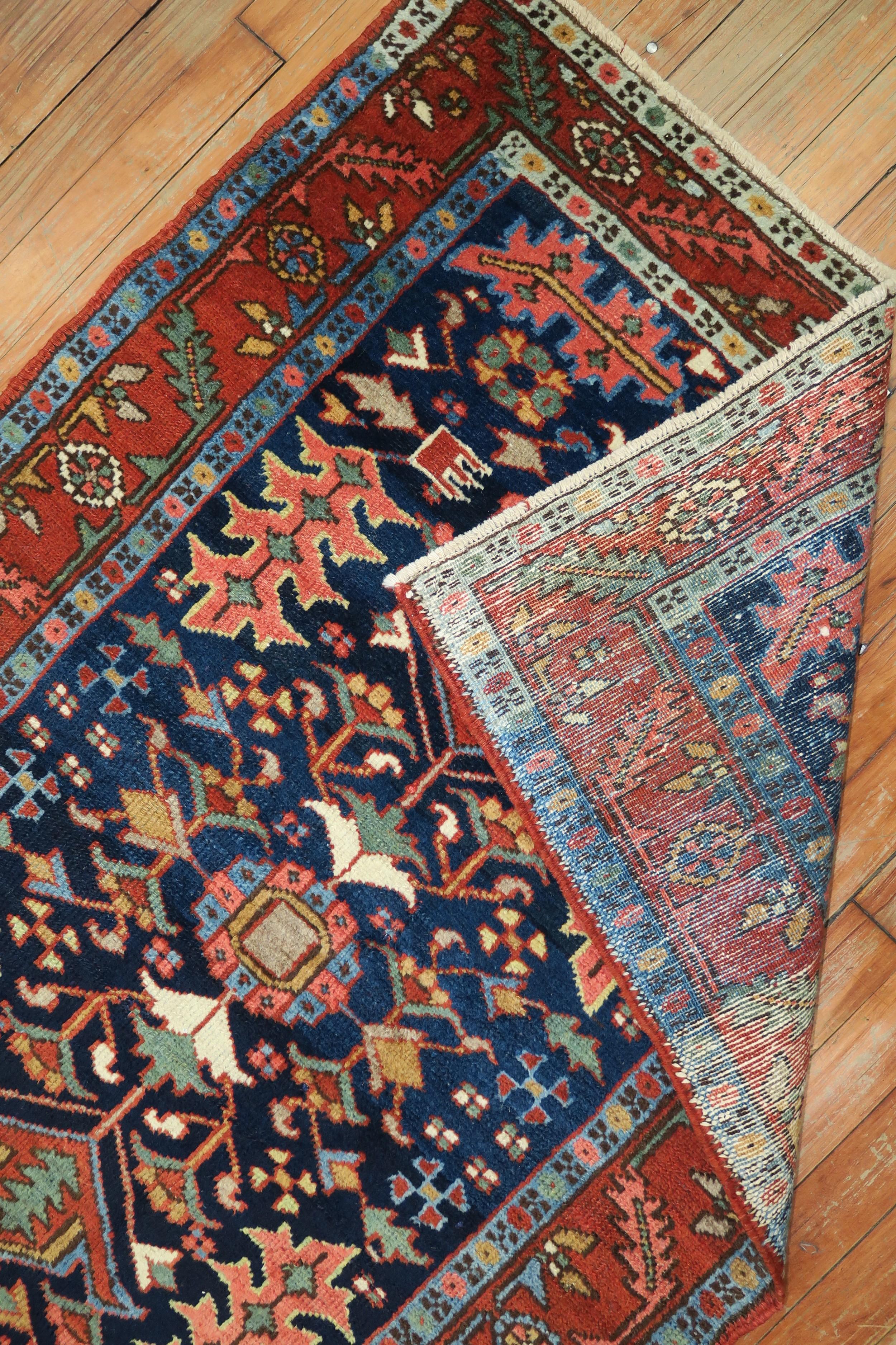 Hand-Woven Early 20th Century Navy Ground Scatter Size Persian Oriental Heriz Rug For Sale