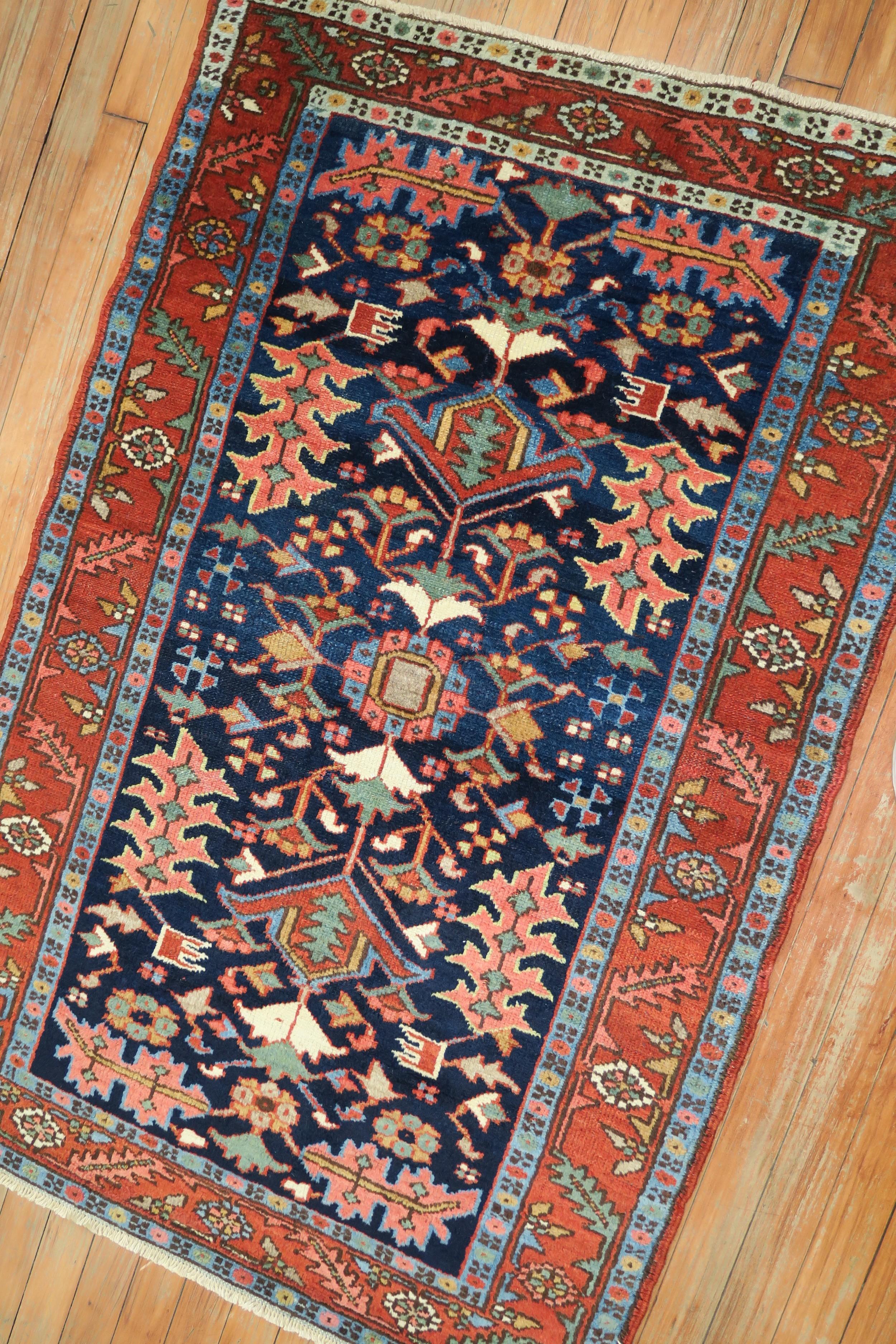 Wool Early 20th Century Navy Ground Scatter Size Persian Oriental Heriz Rug For Sale