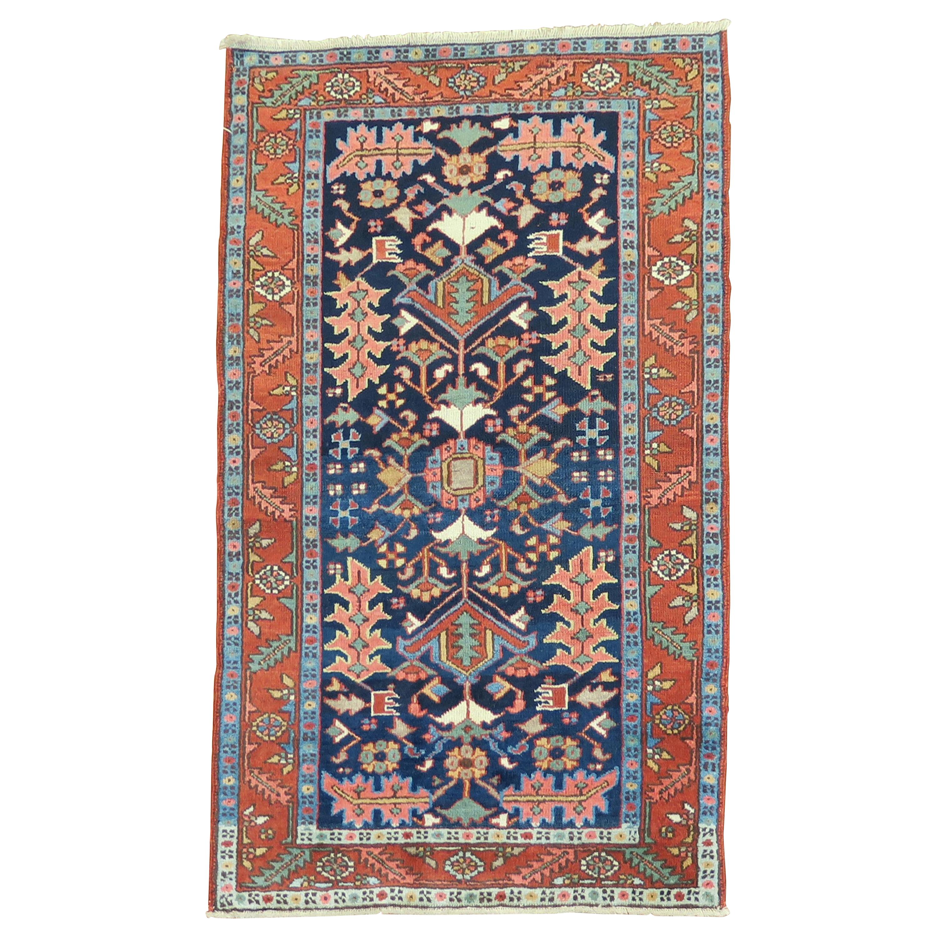 Early 20th Century Navy Ground Scatter Size Persian Oriental Heriz Rug For Sale